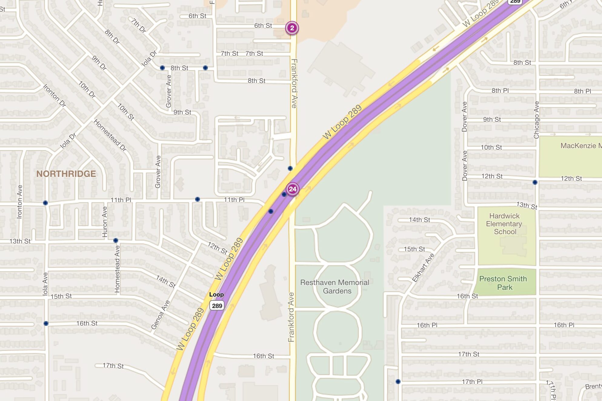 Cluster Map of 2023 Car Accidents at Loop 289 & Frankford Ave. (TXDOT)