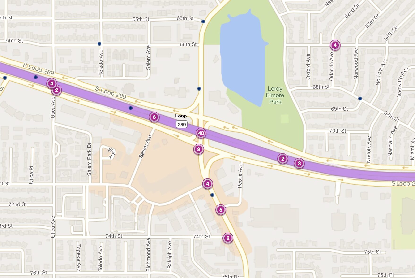 Cluster Map of 2023 Car Accidents at Loop 289 & Quaker Ave. (TXDOT)