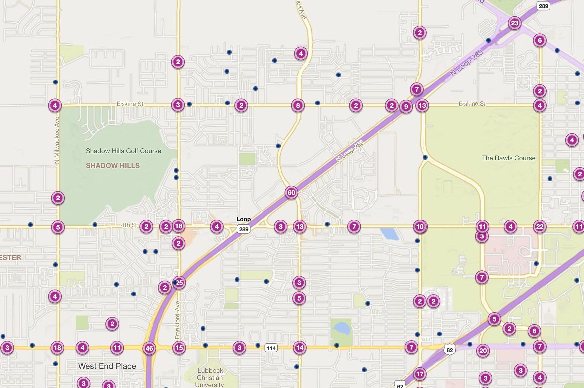 Cluster Map of 2023 Car Accidents at Loop 289 & Slide Ave. (TXDOT)