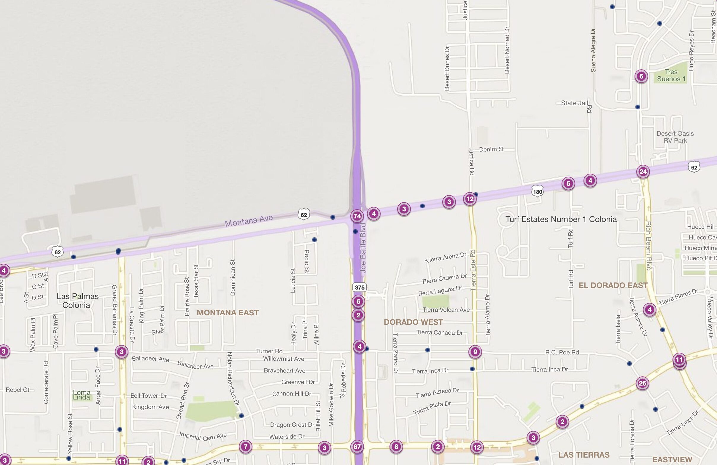 Cluster Map of 2023 Car Accidents at Loop 375 & US 180 (US 62)