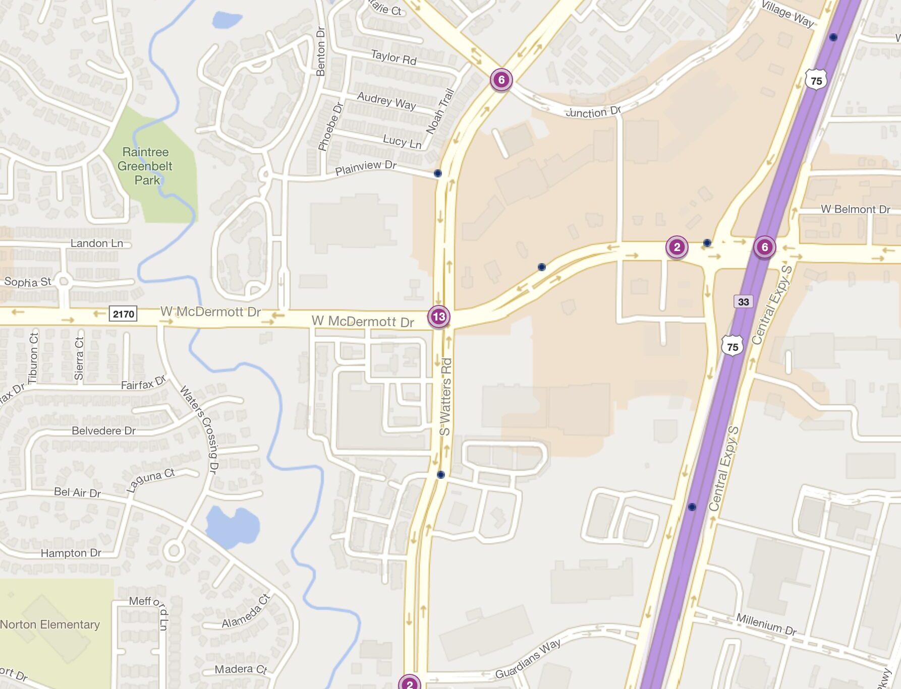 Cluster Map of 2023 Car Accidents at McDermott Dr. & Watters Rd. (TXDOT)