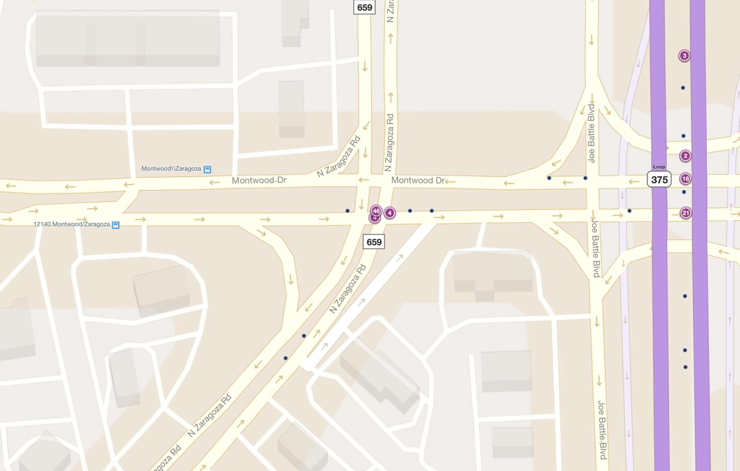 Cluster Map of 2023 Car Accidents at Montwood Dr. & N. Zaragoza Rd. (TXDOT)