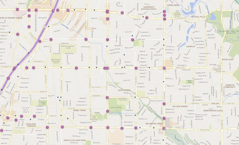 Cluster Map of 2023 Car Accidents at N. Plano Rd. & Arapaho Rd. (TXDOT)