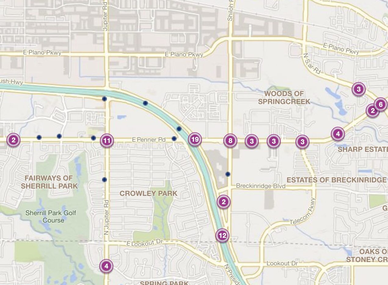 Cluster Map of 2023 Car Accidents at President George Bush Tpke. & E. Renner Rd. (TXDOT)