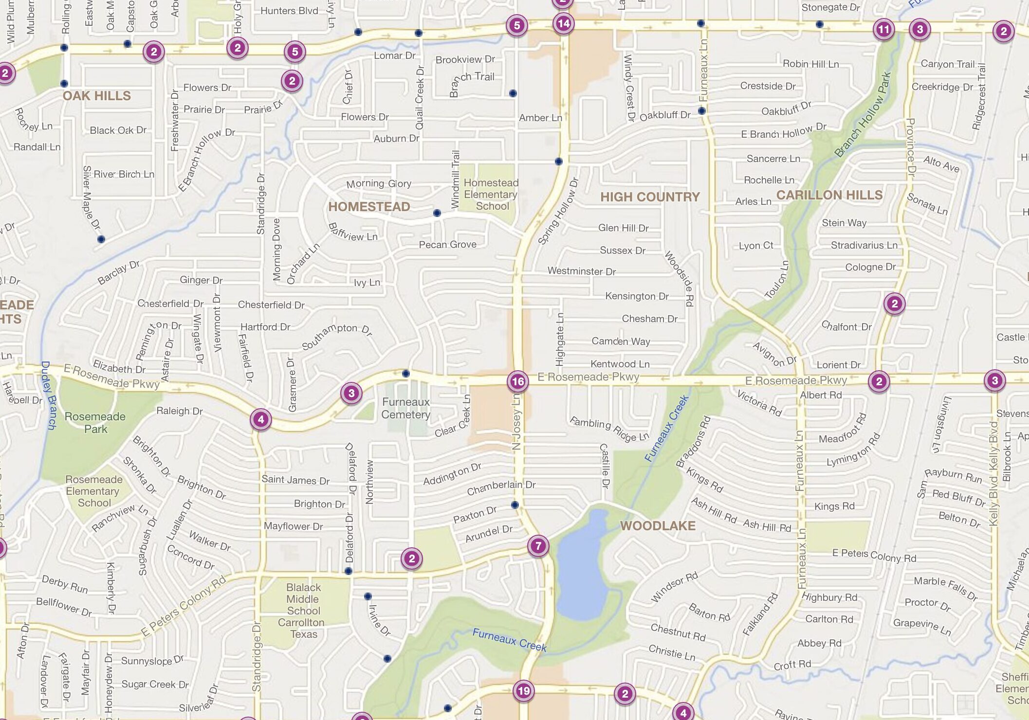 Cluster Map of 2023 Car Accidents at Rosemade Pkwy. & N. Josey Ln. (TXDOT)
