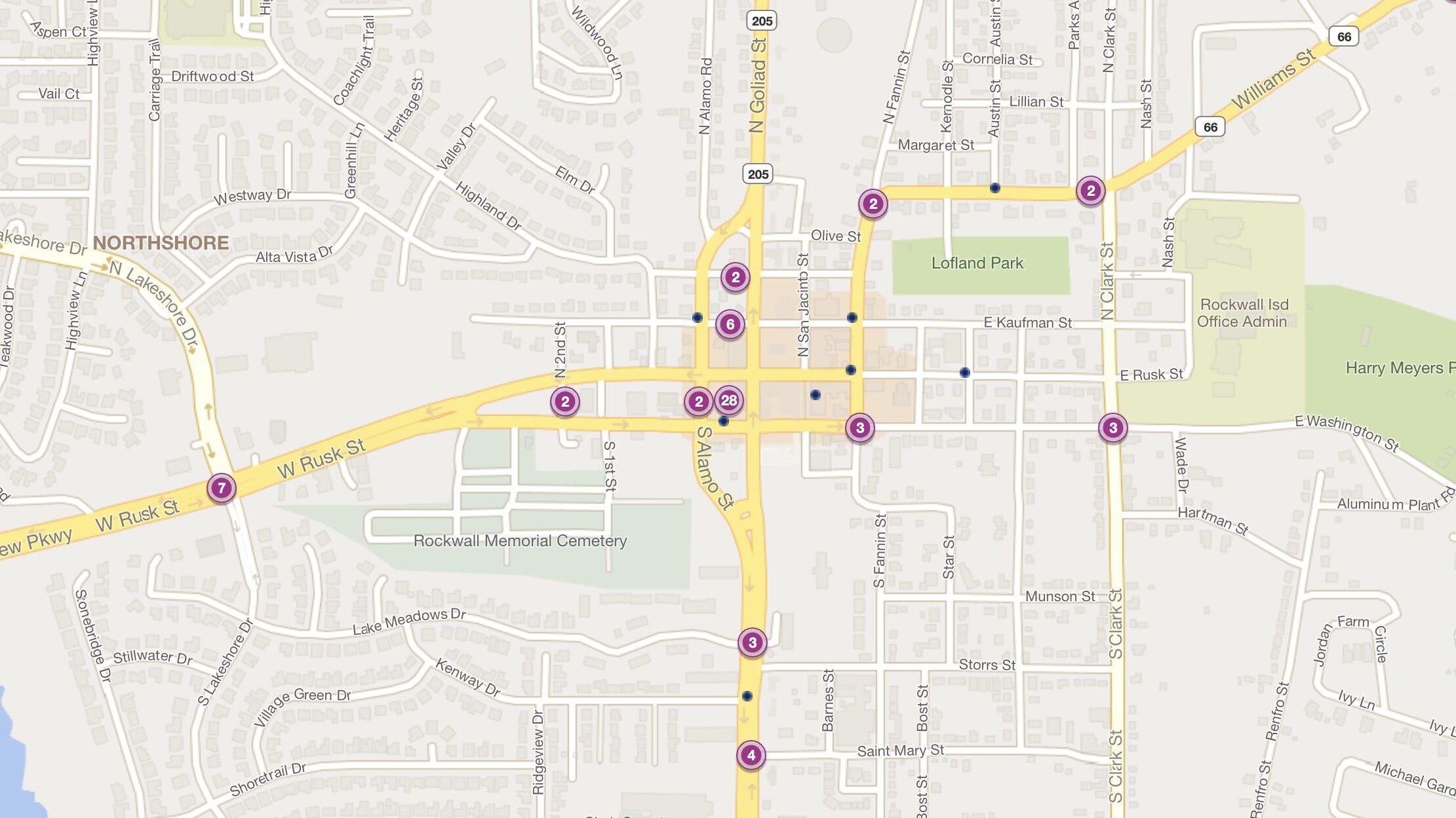 Cluster Map of 2023 Car Accidents at Goliad St. (TX-205) & Rusk St. (TXDOT)