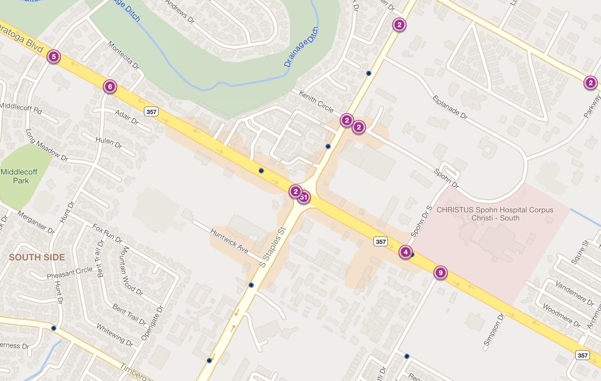 Cluster Map of 2023 Car Accidents at S. Staples St. & Saratoga Blvd. (TXDOT)