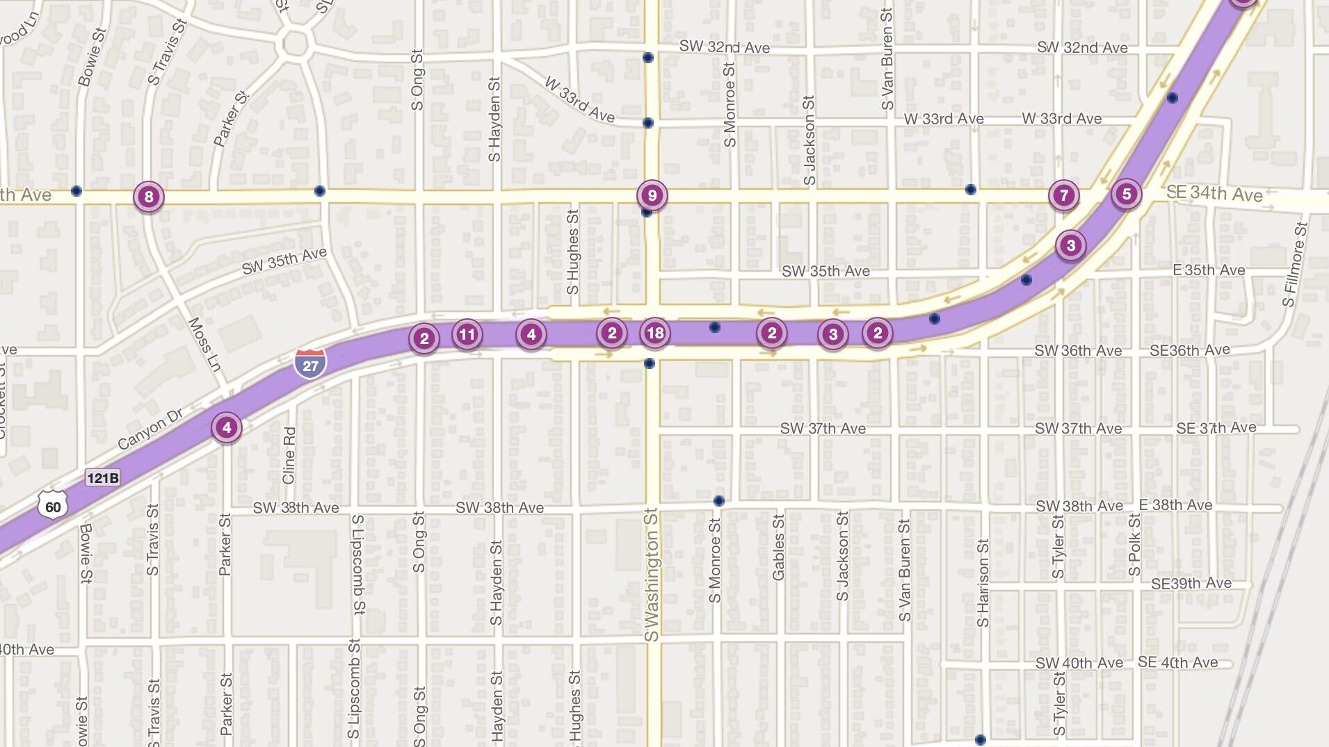 Cluster Map of 2023 Car Accidents at S. Washington St. & I-27 (TXDOT)