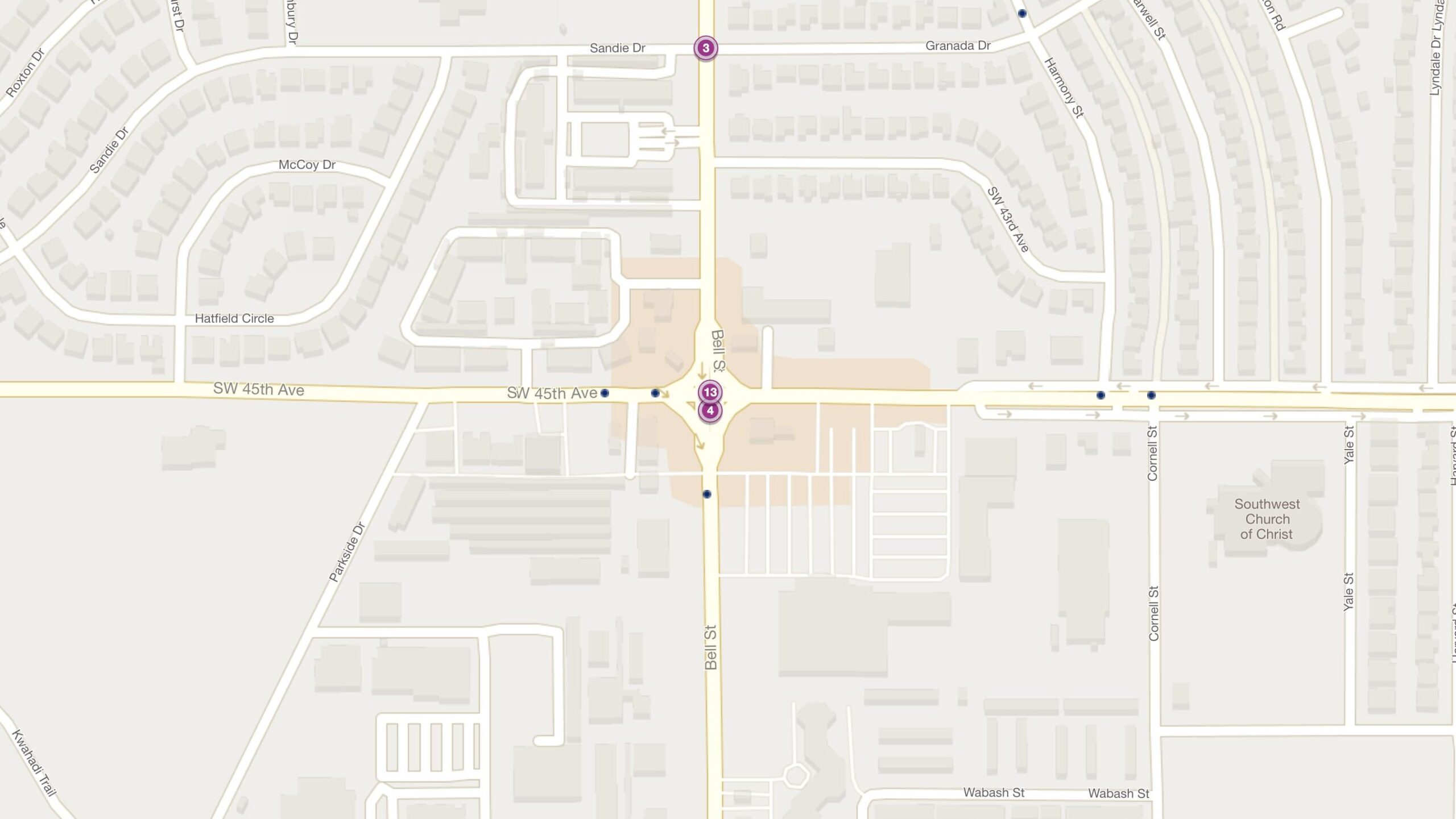 Cluster Map of 2023 Car Accidents at SW 45th Ave. & Bell St. (TXDOT)