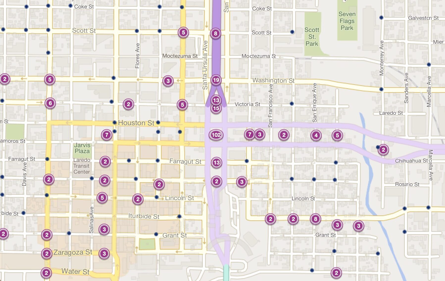 Cluster Map of 2023 Car Accidents at Santa Ursula Ave. & Houston St. (TXDOT)