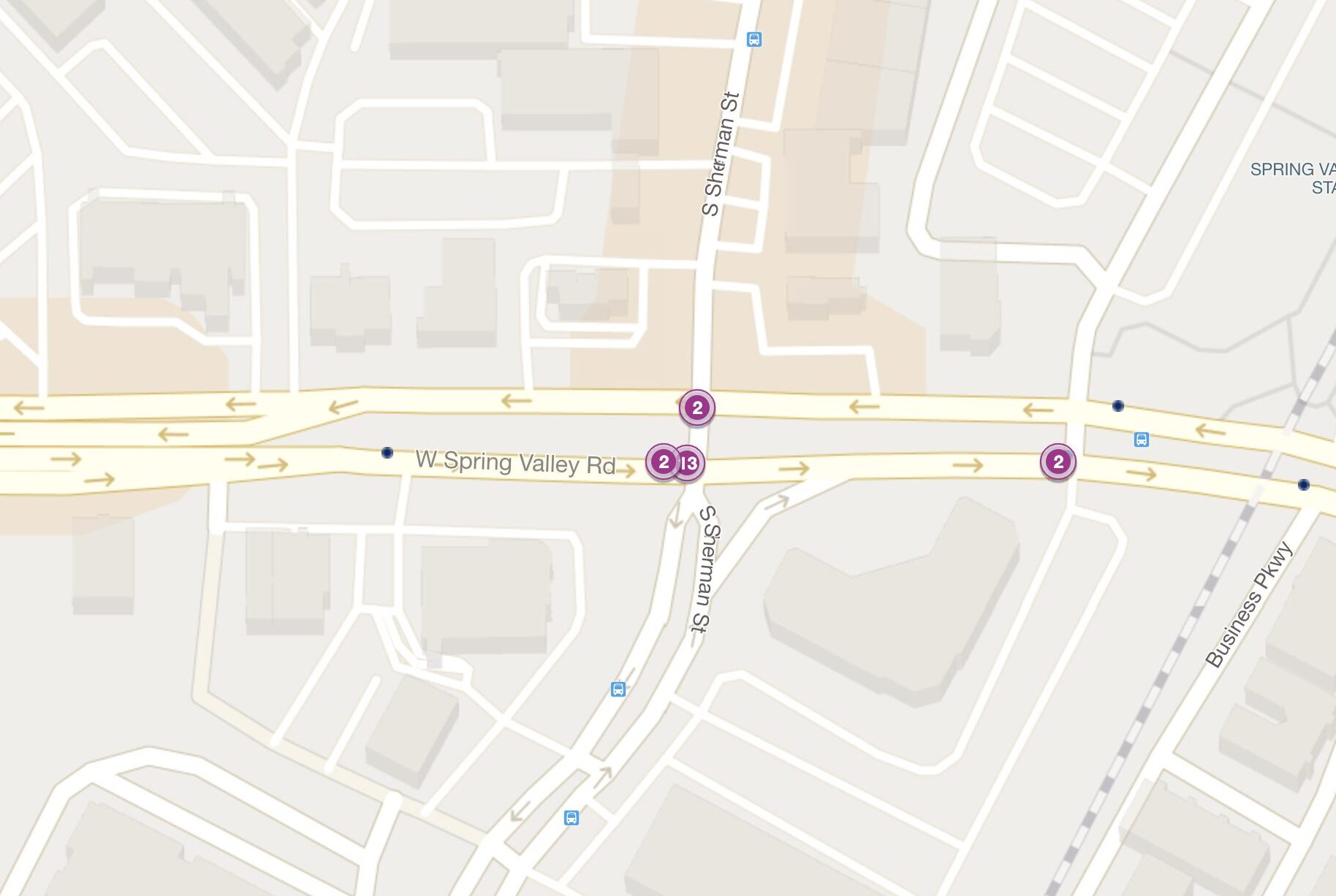 Cluster Map of 2023 Car Accidents at Spring Valley Rd. & S. Sherman St. (TXDOT)