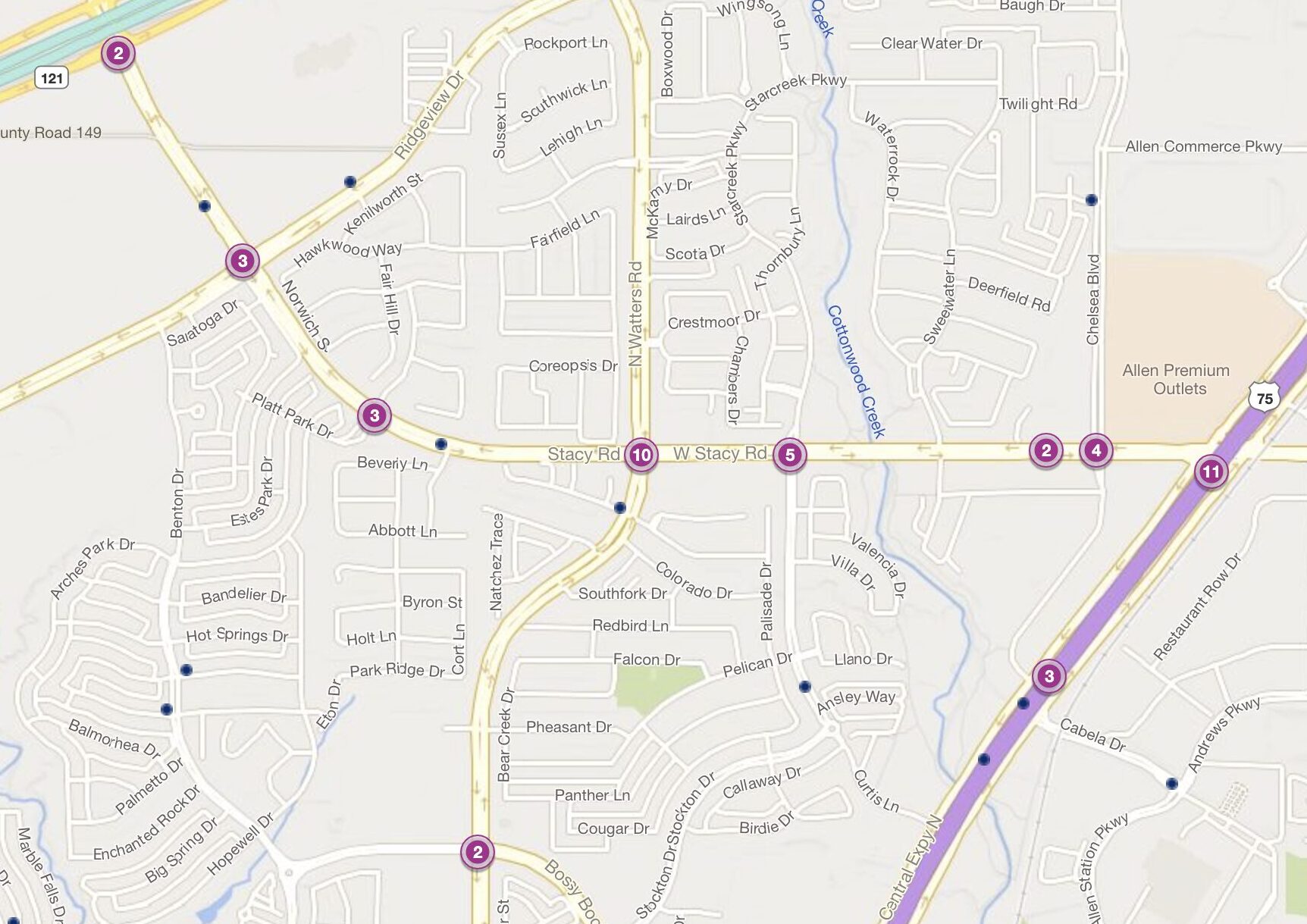 Cluster Map of 2023 Car Accidents at Stacy Rd. & Watters Rd. (TXDOT)