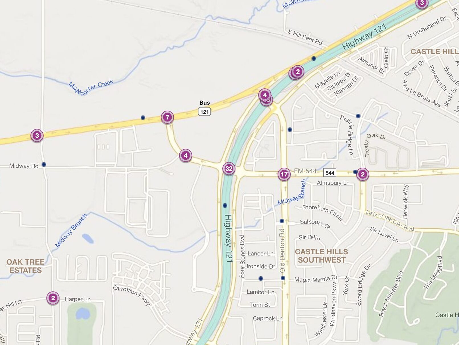 Cluster Map of 2023 Car Accidents at TX-121 & FM 544 (TXDOT)