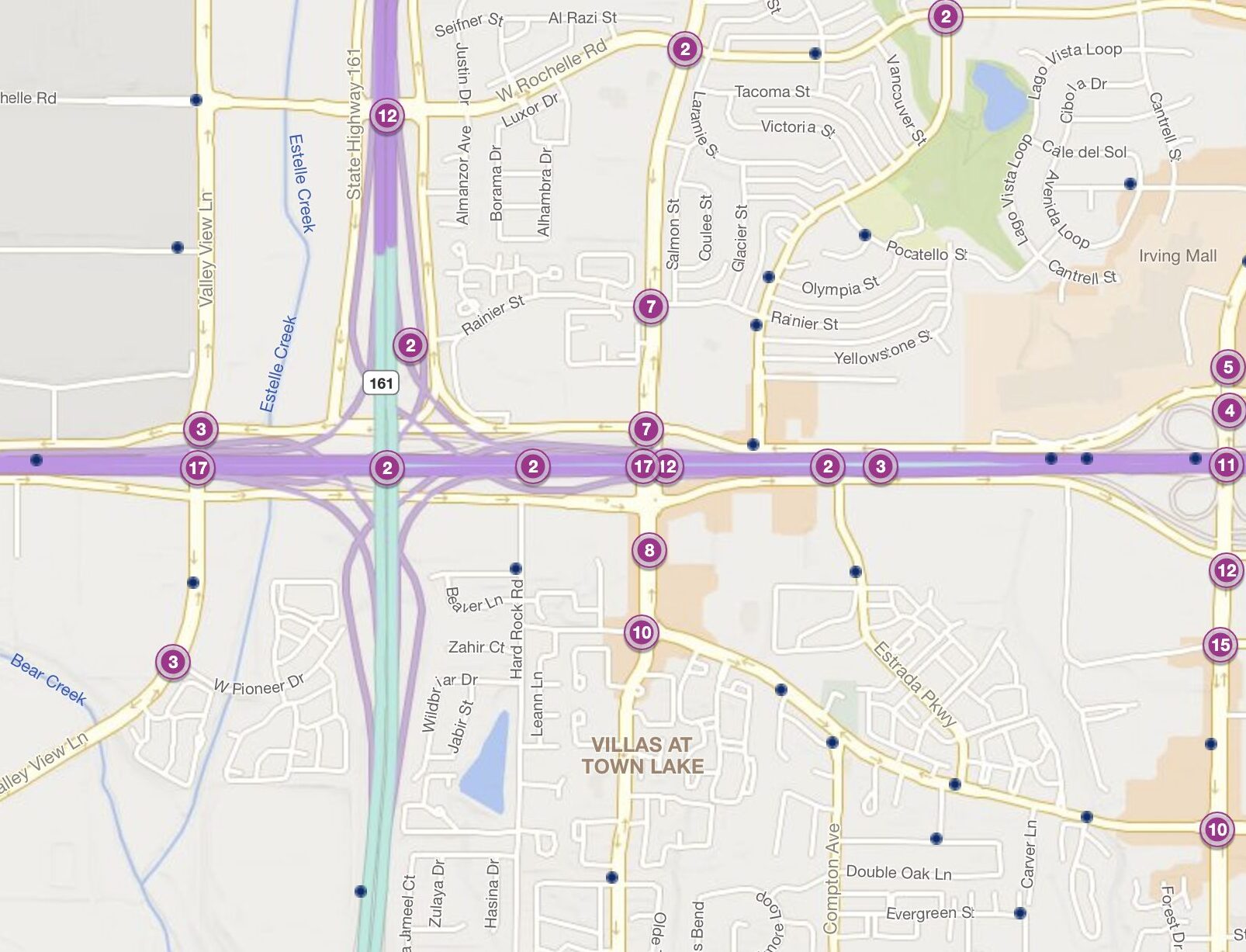 Cluster Map of 2023 Car Accidents at TX-183 & Esters Rd. (TXDOT)