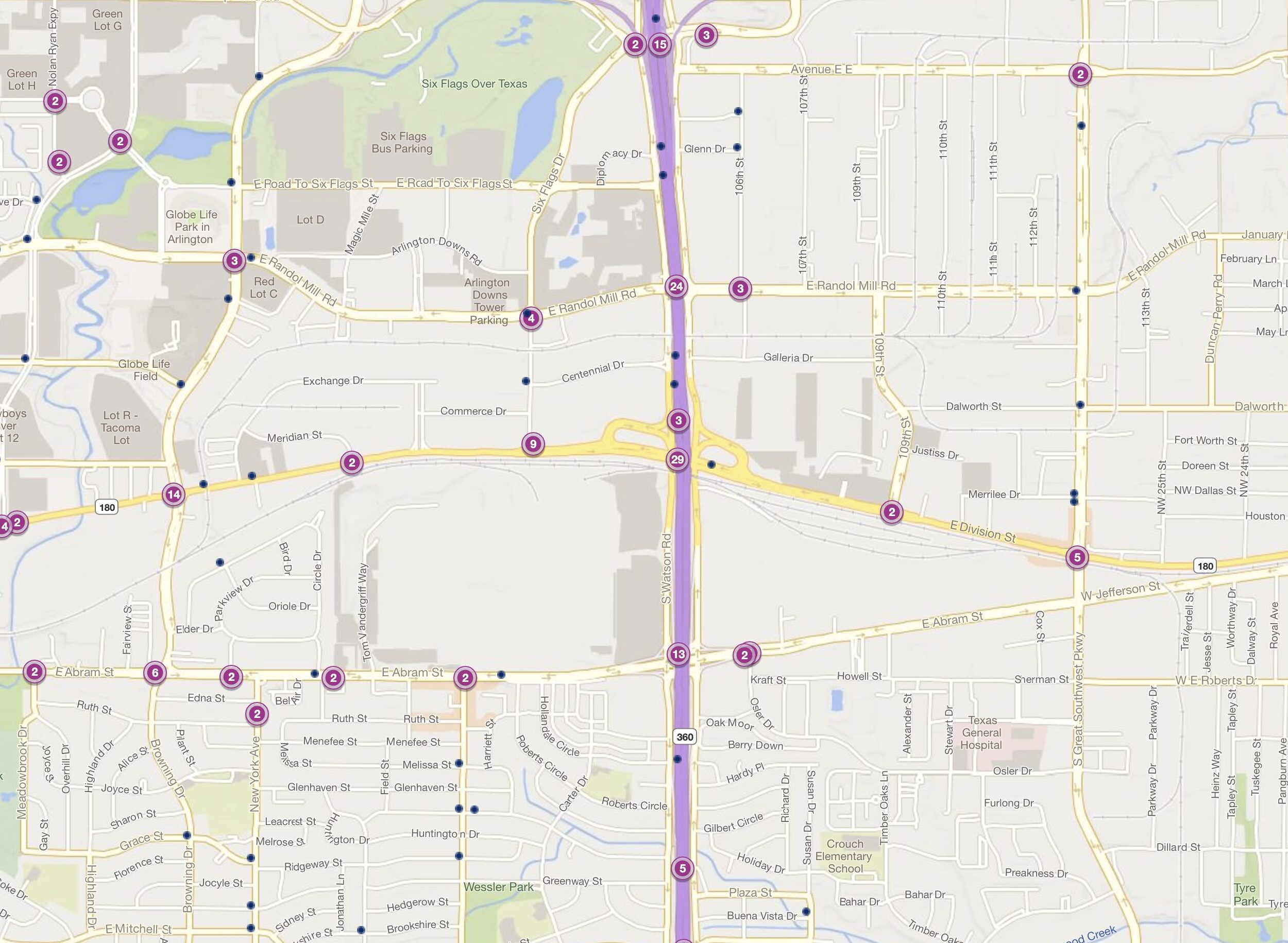 Cluster Map of 2023 Car Accidents at E. Division St. (TX-180) and TX-360 (TXDOT)