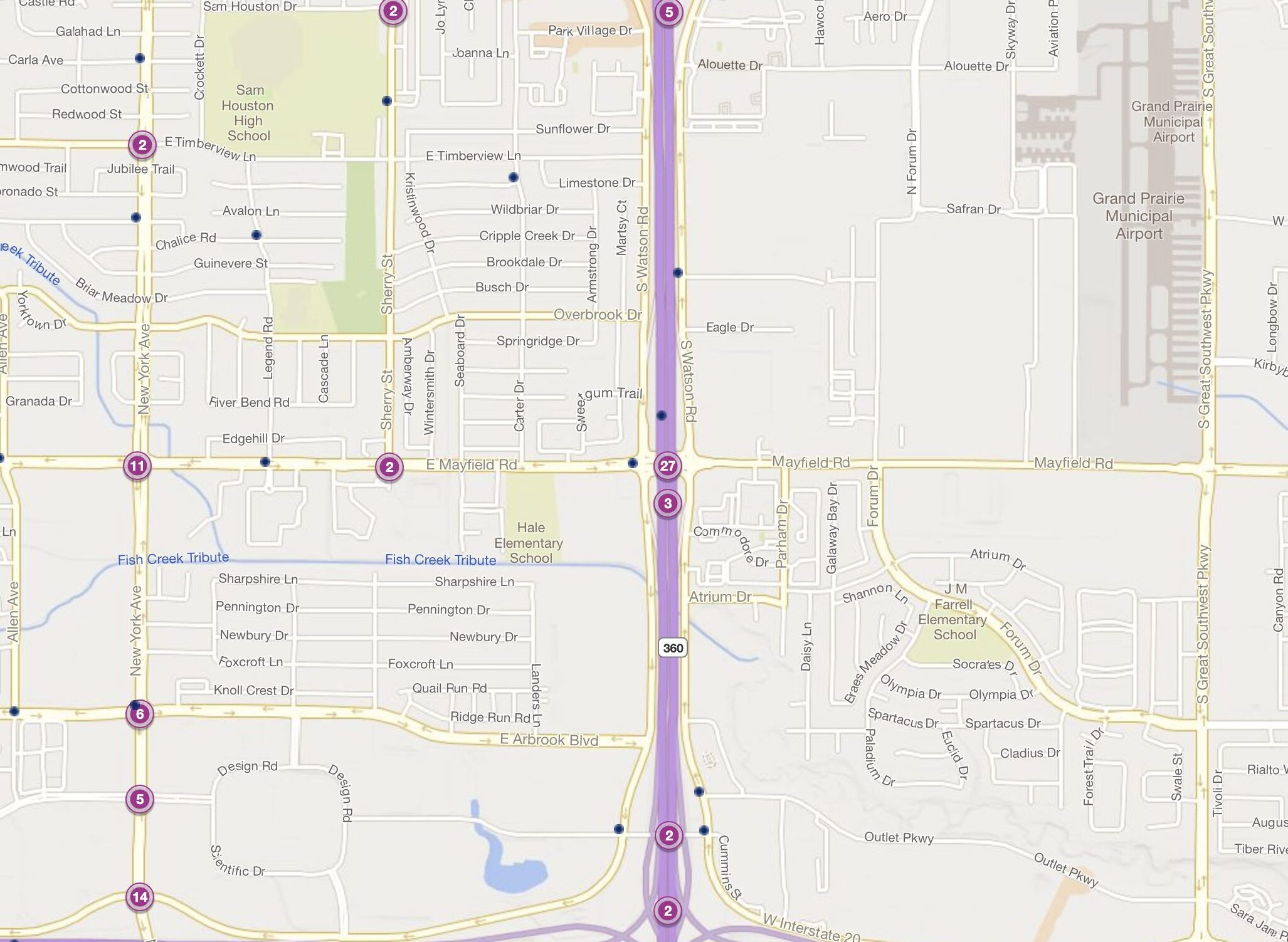 Cluster Map of 2023 Car Accidents at TX-360 & Mayfield Road (TXDOT)