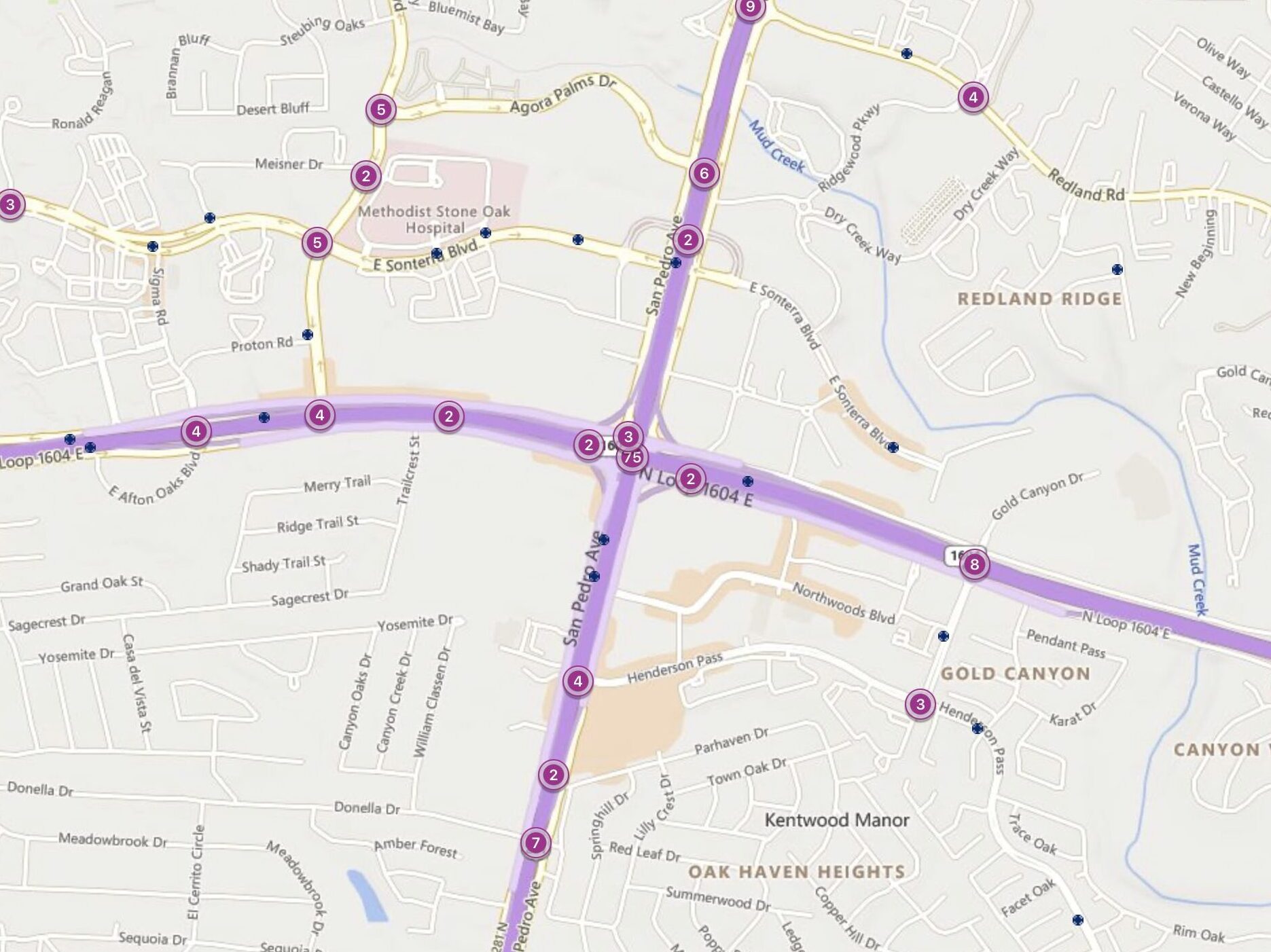 Cluster Map of 2023 Car Accidents at Loop 1604 & SH 281 (San Pedro Avenue)