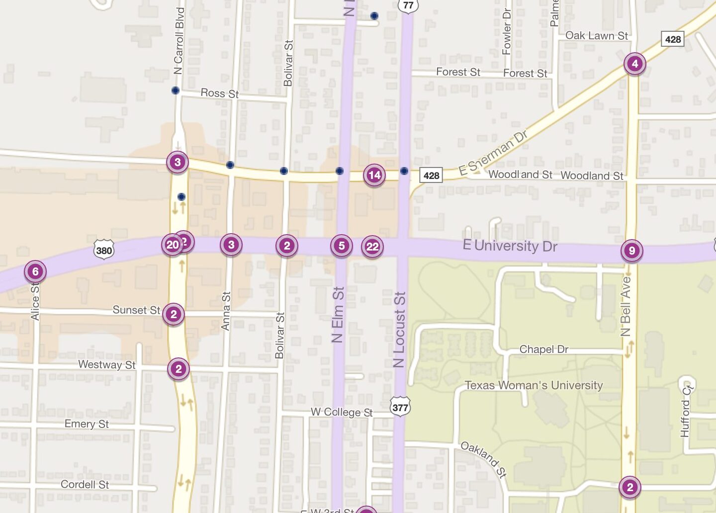 Cluster Map of 2023 Car Accidents at US 380 & N. Elm St. (TXDOT)
