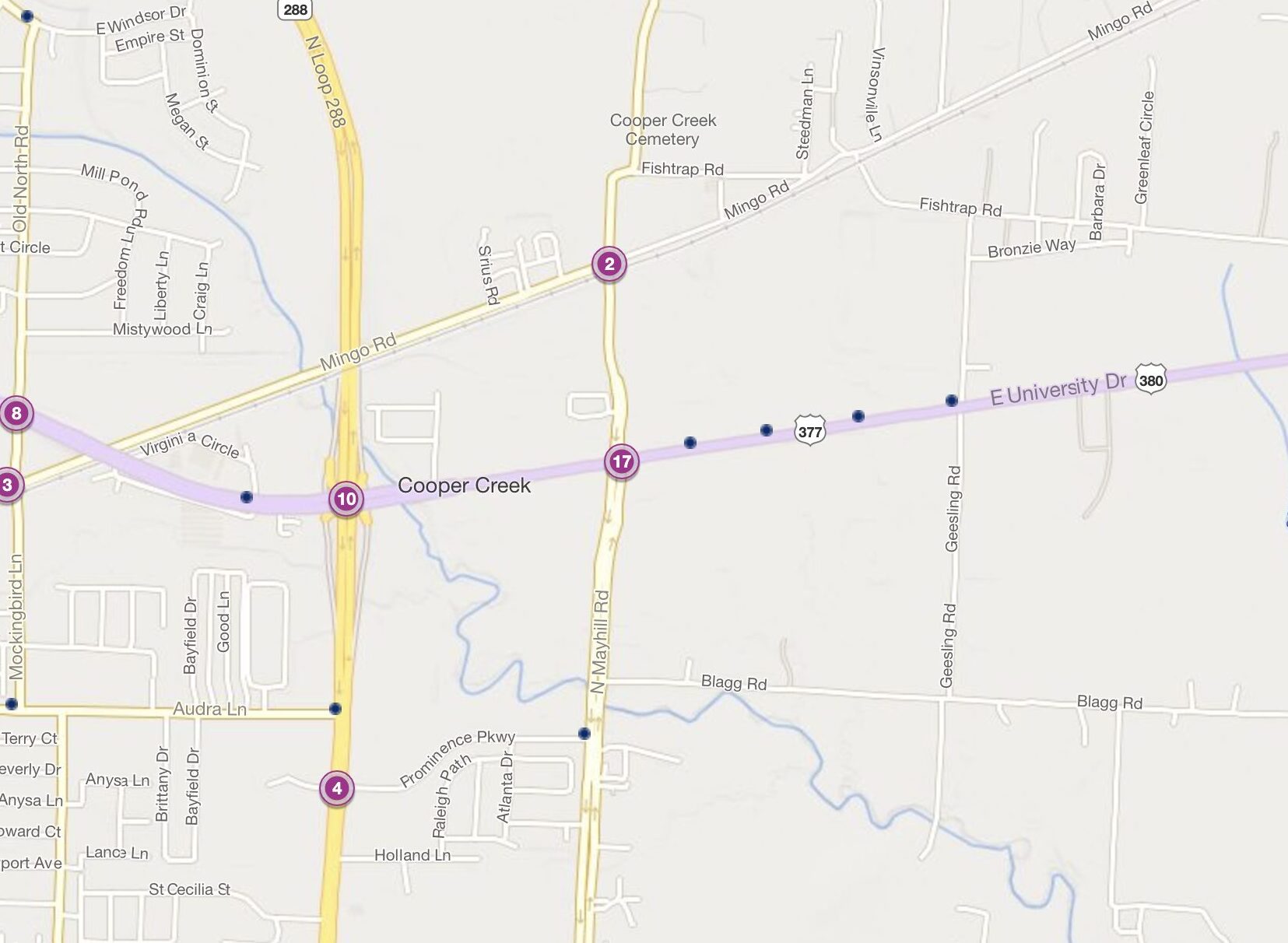 Cluster Map of 2023 Car Accidents at US 380 & N. Mayhill Rd. (TXDOT)