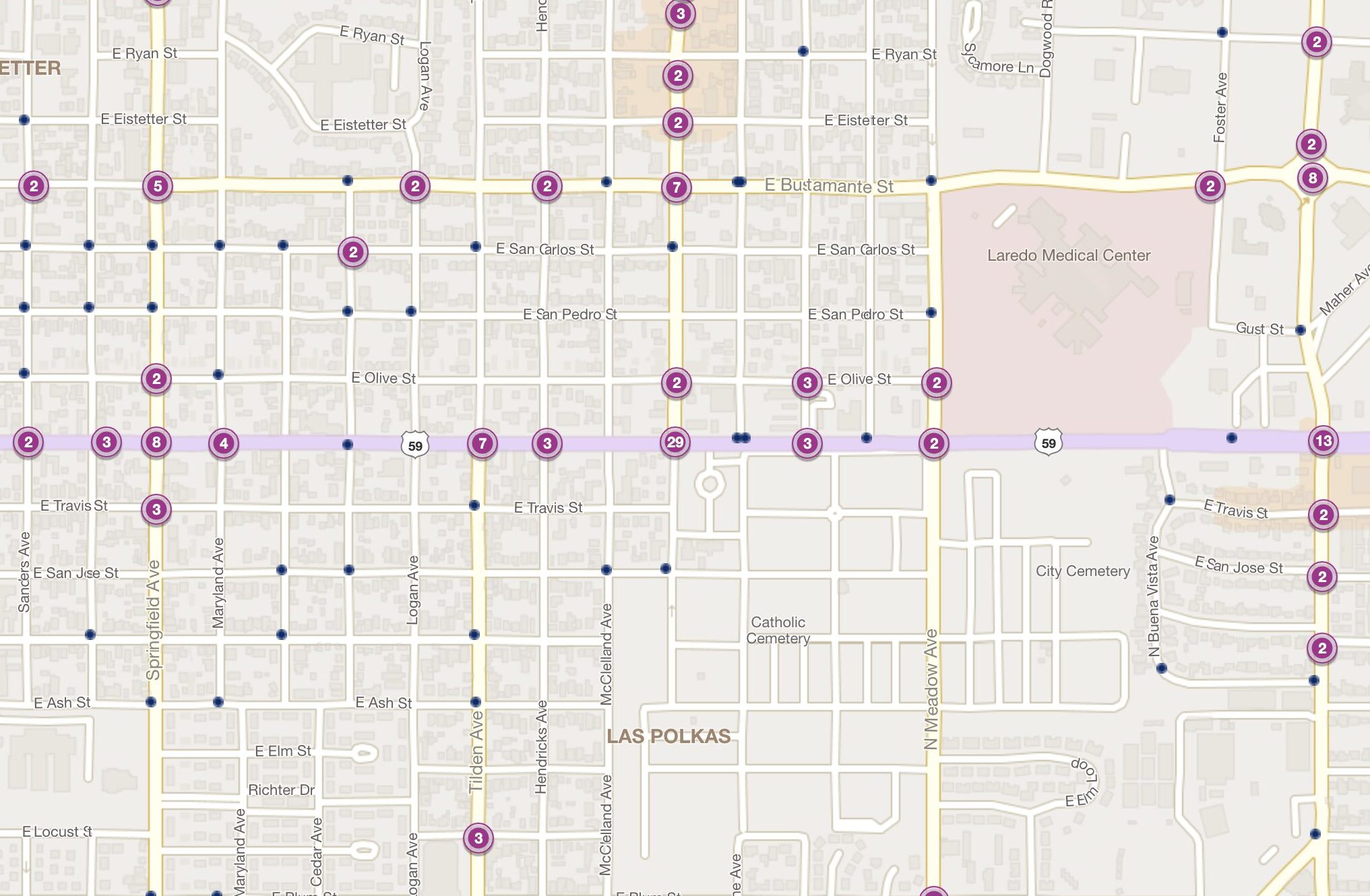 Cluster Map of 2023 Car Accidents at US 59 & McPherson Rd. (TXDOT)