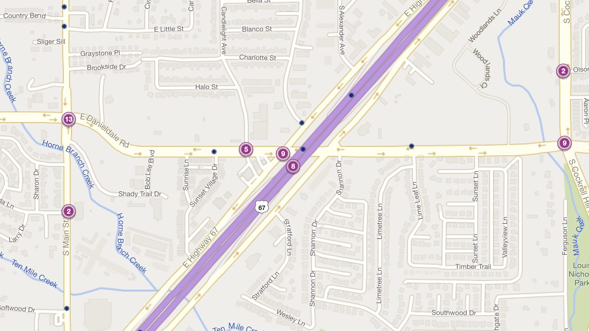 Cluster Map of 2023 Car Accidents at US 67 & Danieldale Rd. (TXDOT)