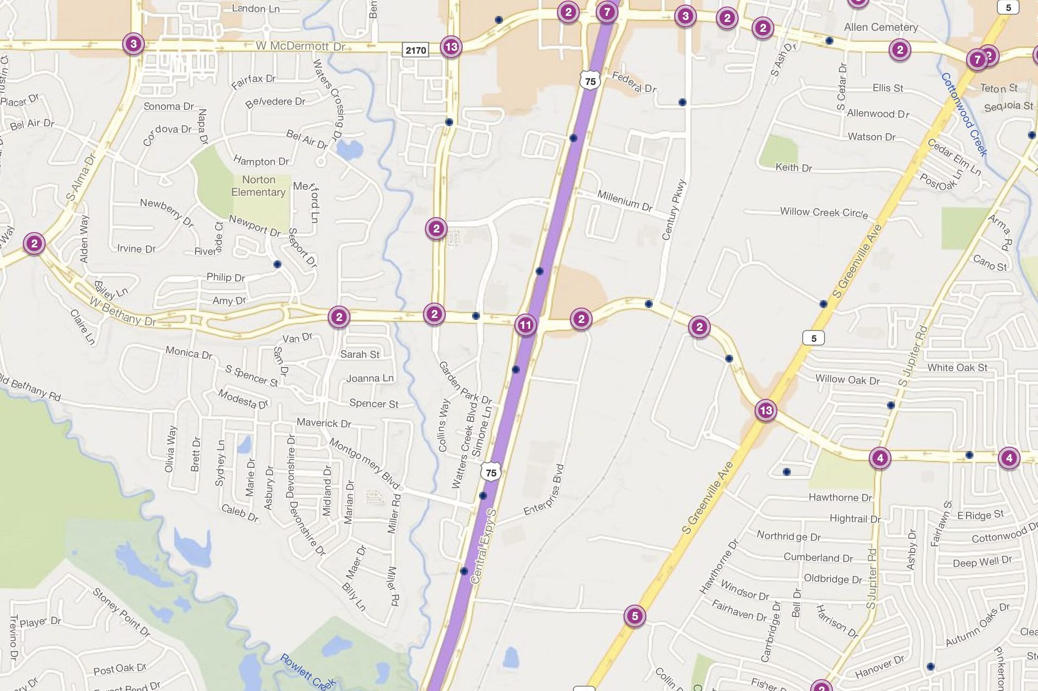 Cluster Map of 2023 Car Accidents at US 75 (Central Expressway) & Bethany Dr. (TXDOT)