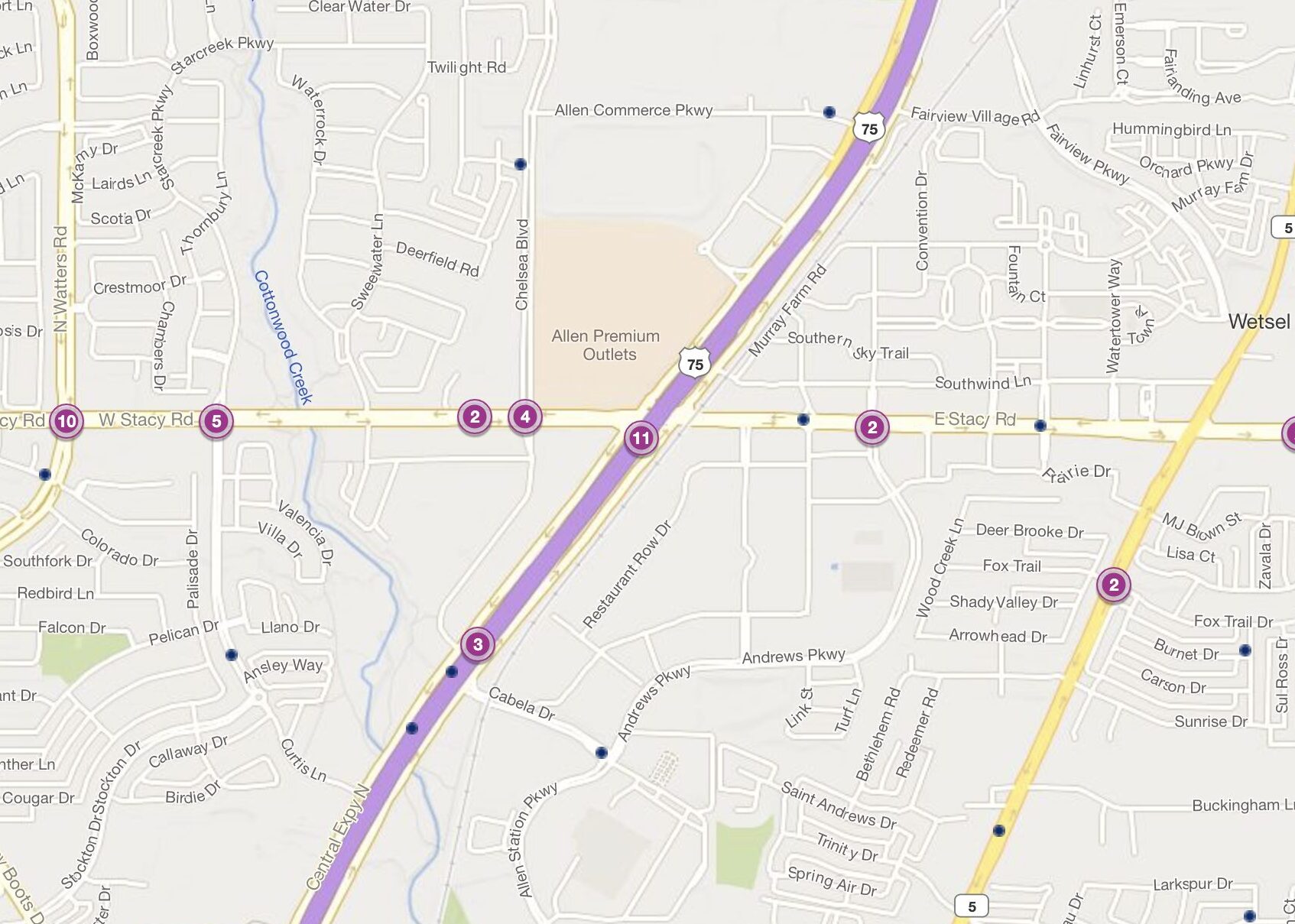 Cluster Map of 2023 Car Accidents at US 75 & Stacy Rd. (TXDOT)
