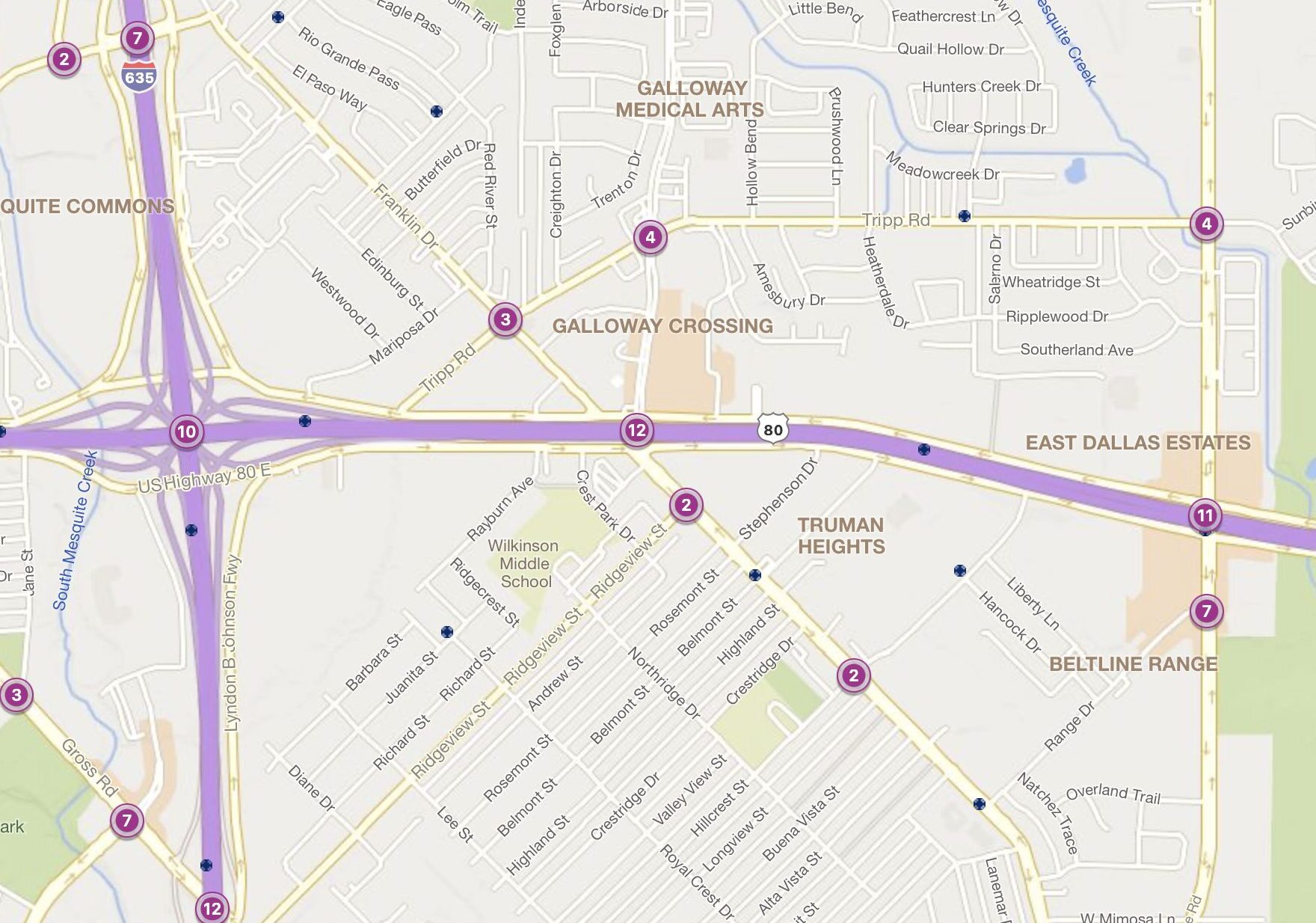 Cluster Map of 2023 Car Accidents at US 80 & Franklin Dr. (TXDOT)
