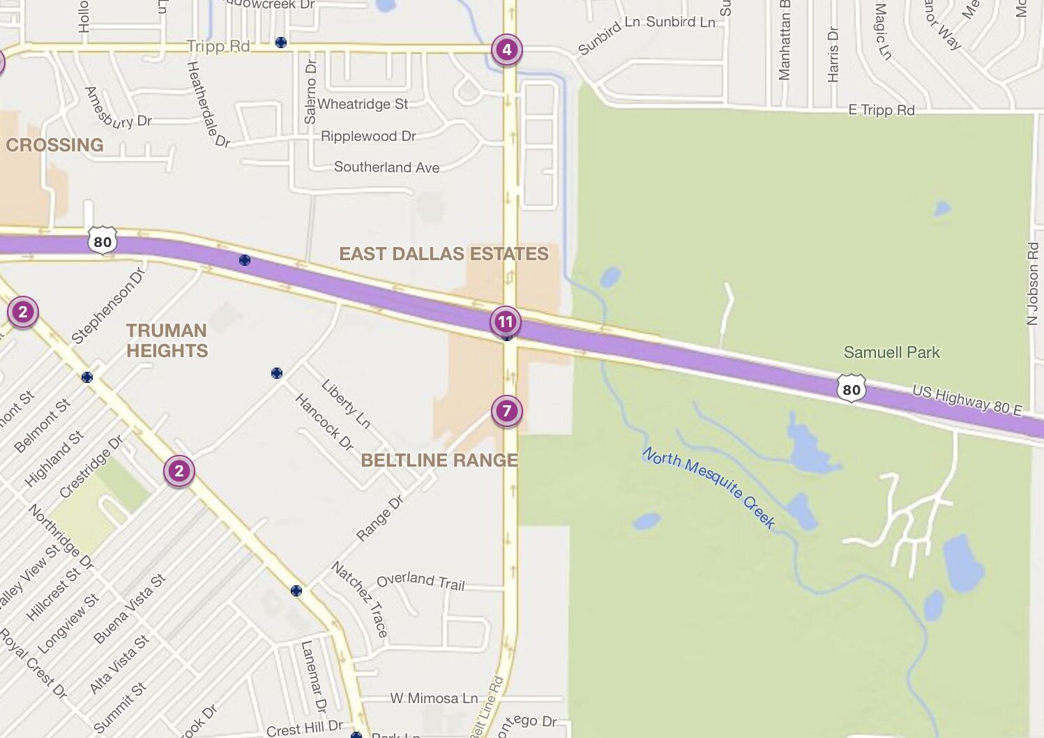 Cluster Map of 2023 Car Accidents at US 80 & N. Belt Line Rd. (TXDOT)