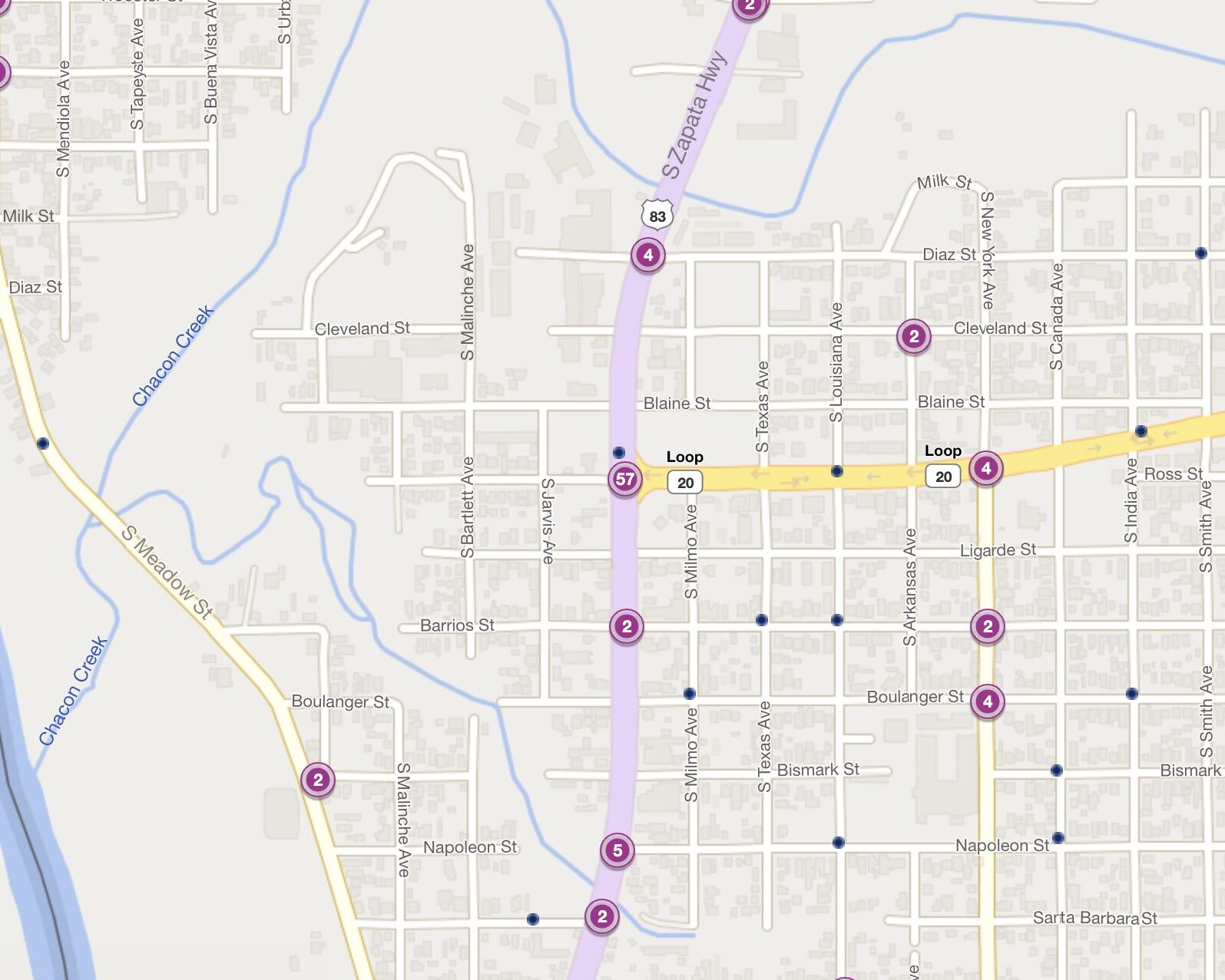 Cluster Map of 2023 Car Accidents at US 83 (S. Zapata Hwy.) & Loop 20 (Spur 206)