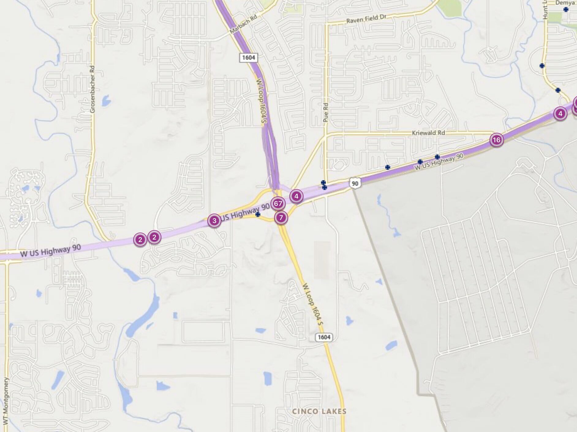 Cluster Map of 2023 Car Accidents at US 90 & Loop 1604