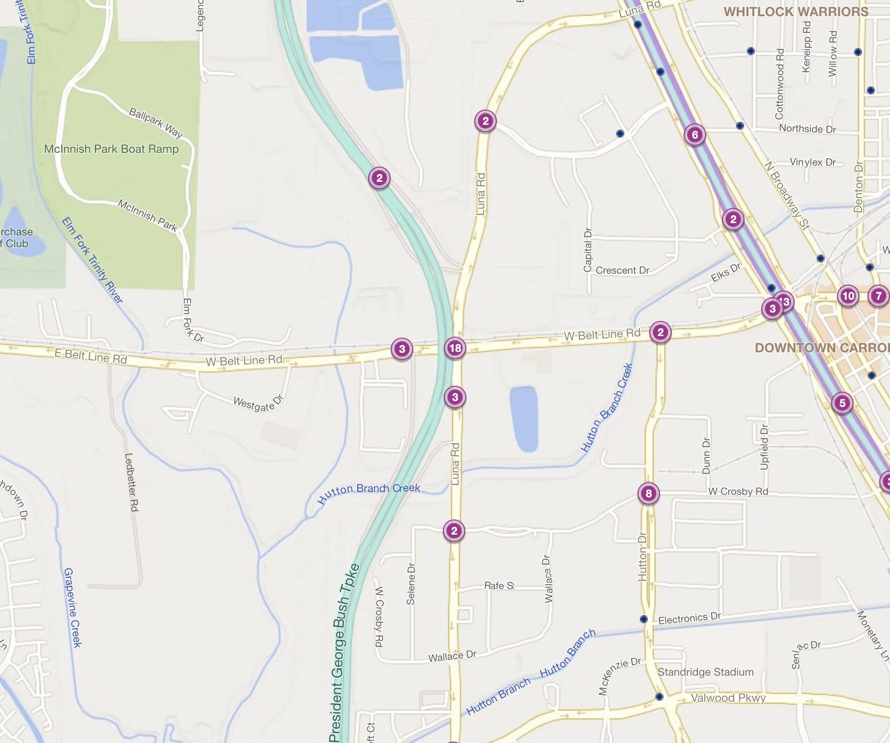 Cluster Map of 2023 Car Accidents at W. Belt Line Rd. & Luna Rd. (TXDOT)