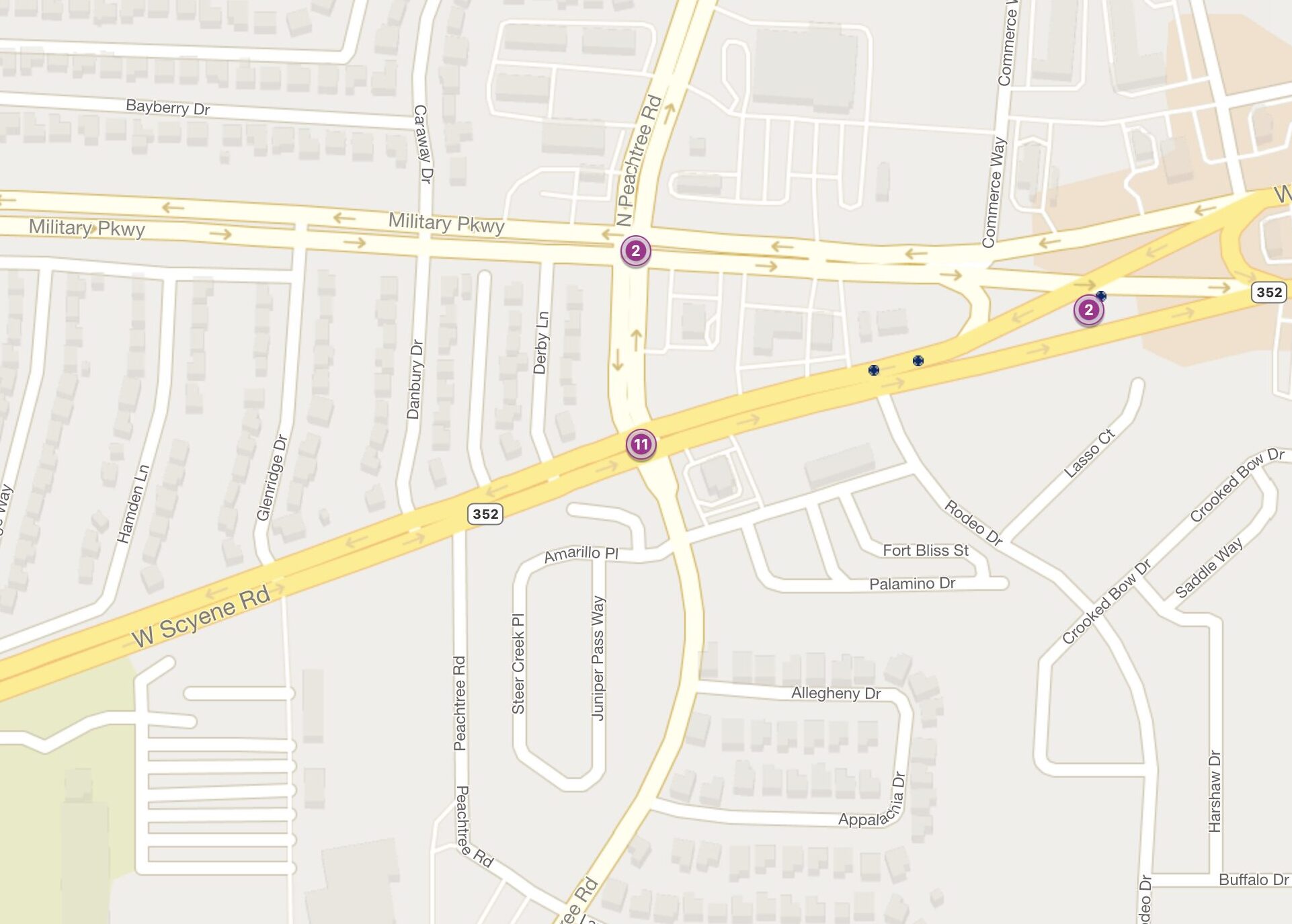 Cluster Map of 2023 Car Accidents at W. Scyene Rd. & N. Peachtree Rd. (TXDOT).png