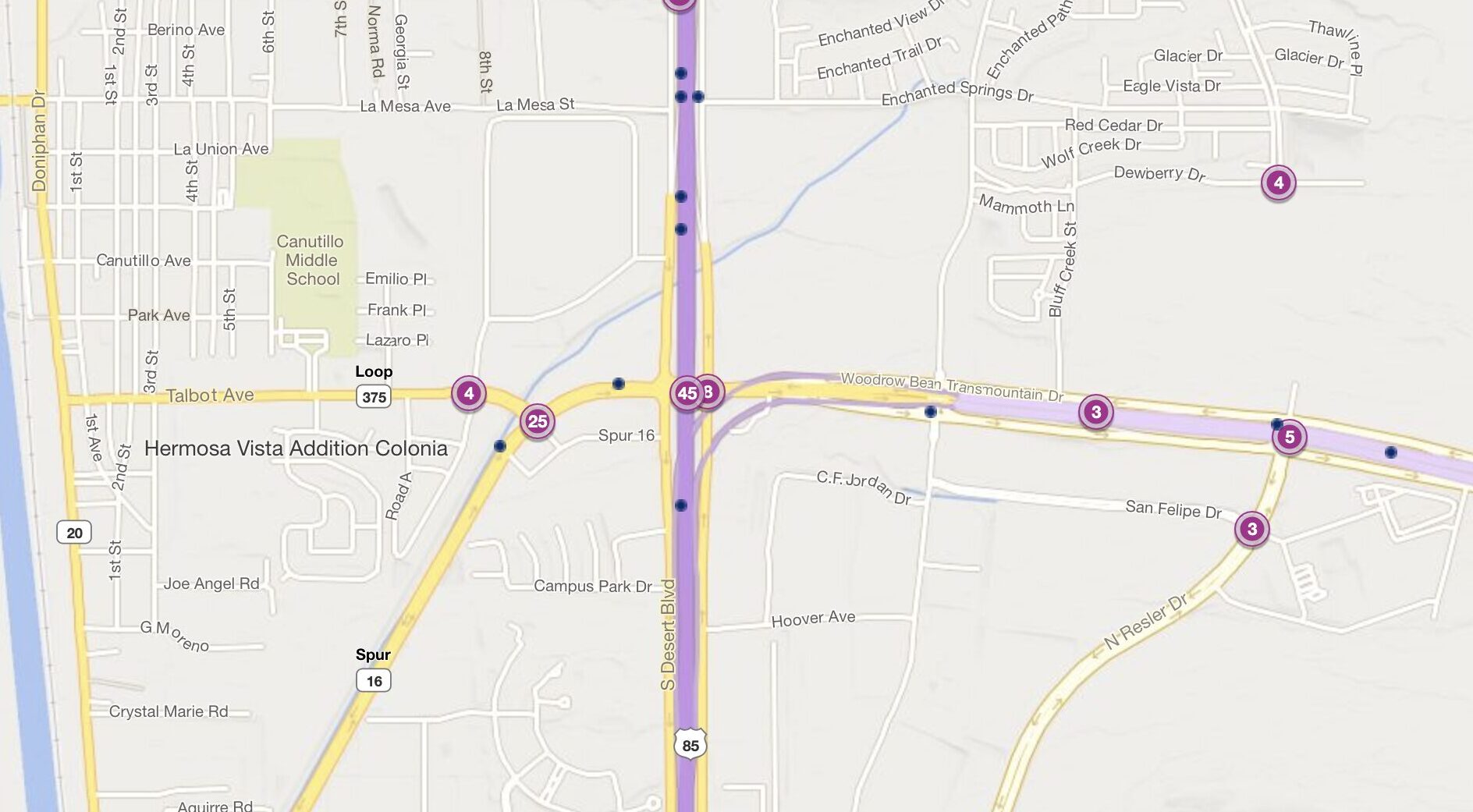 Cluster Map of 2023 Car Accidents at Woodrow Bean Trans Mountain Dr. & US 85 (US 180) (TXDOT)