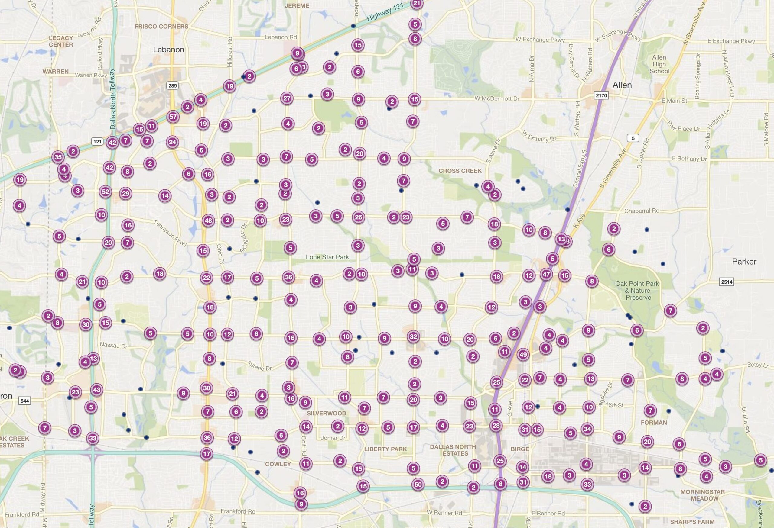 Cluster Map of 2023 Car Accidents in Plano, Texas (TXDOT)