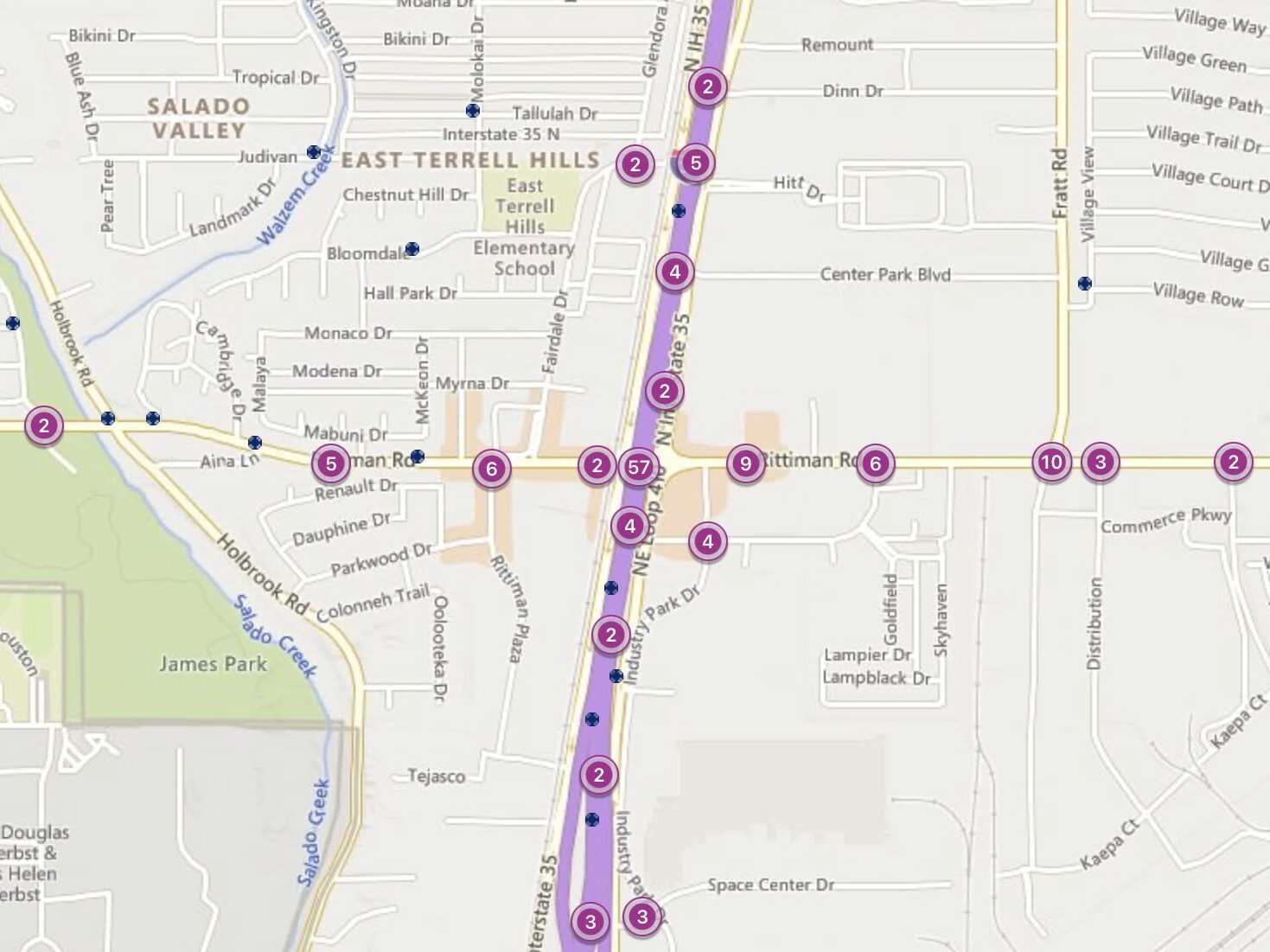 Cluster Map of 2023 Car Accidents at I-410 & Rittiman Road (57 Car Accidents) (TXDOT)