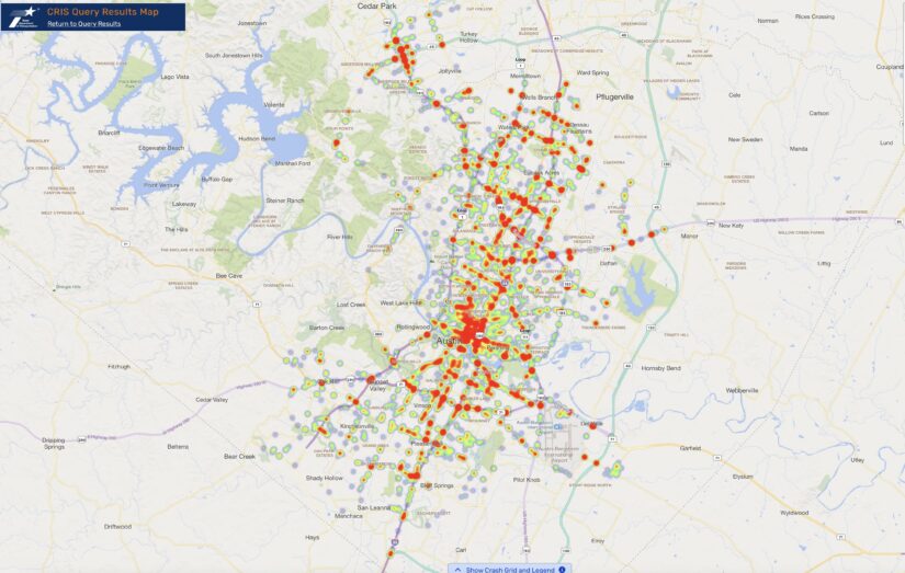 Heat Map of 2023 Car Accidents at Intersections in Austin, Texas (TXDOT)
