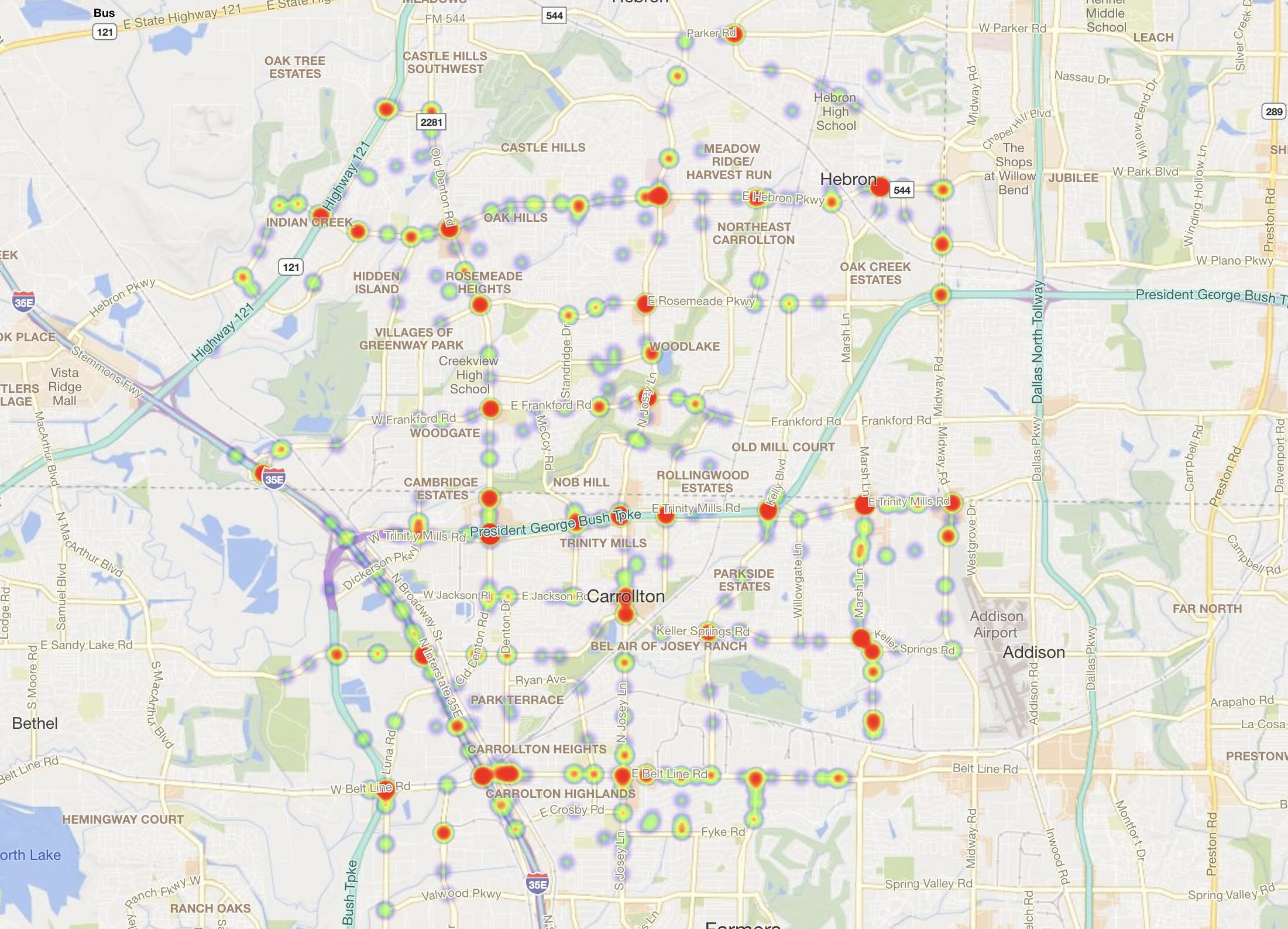 Heat Map of 2023 Car Accidents at Intersections in Carrollton, TX (TXDOT)