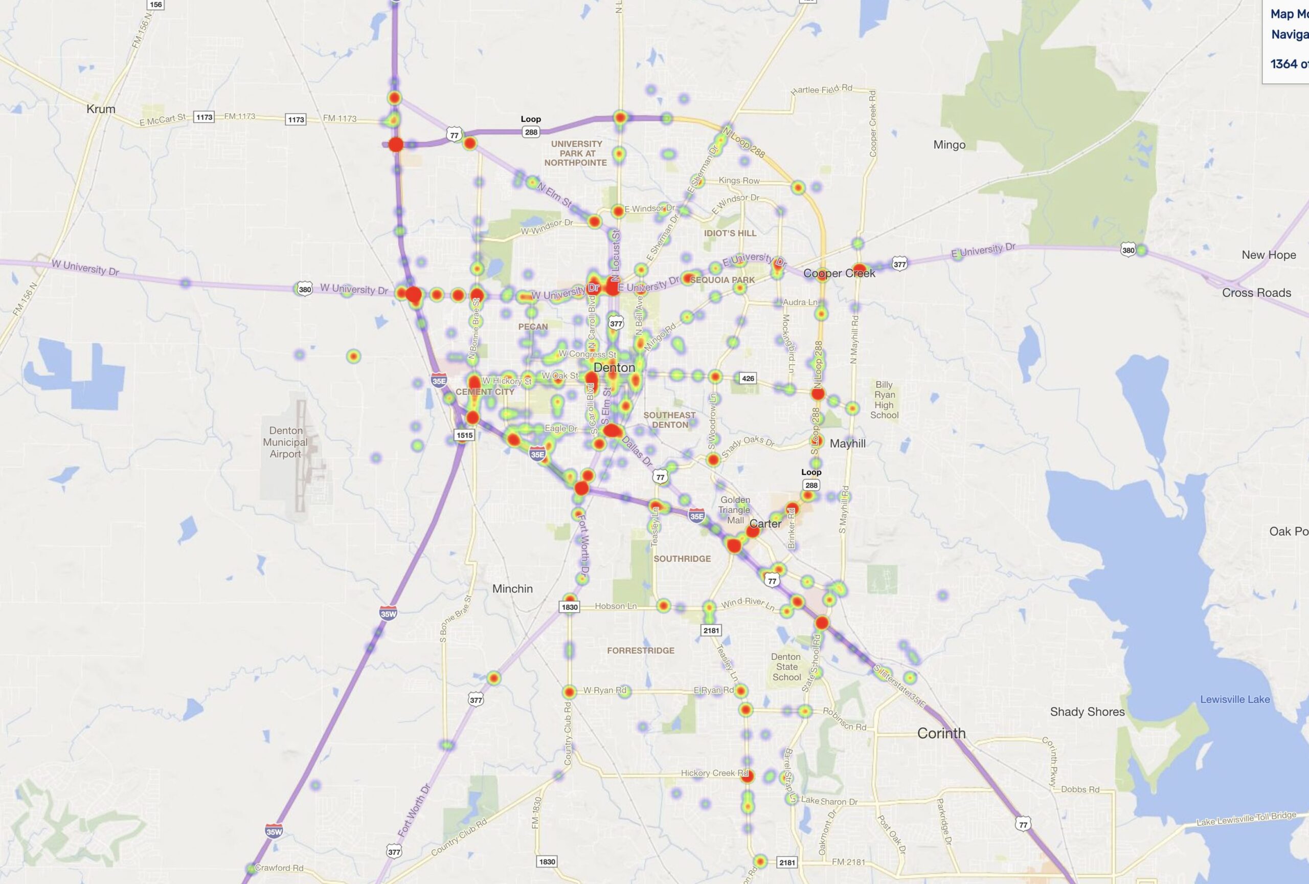 Heat Map of 2023 Car Accidents at Intersections in Denton, Texas (TXDOT)