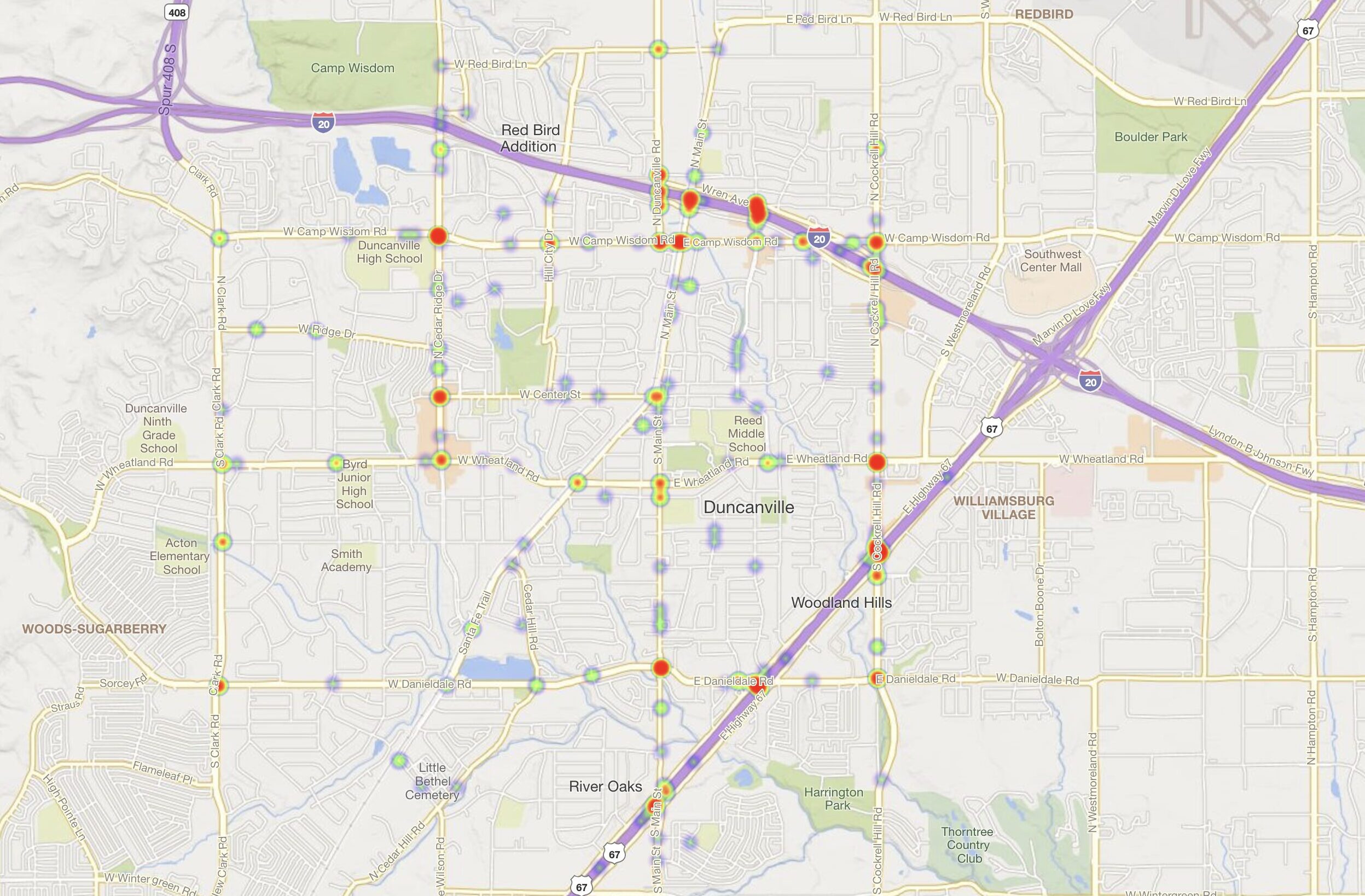 Heat Map of 2023 Car Accidents at Intersections in Duncanville, TX (TXDOT)