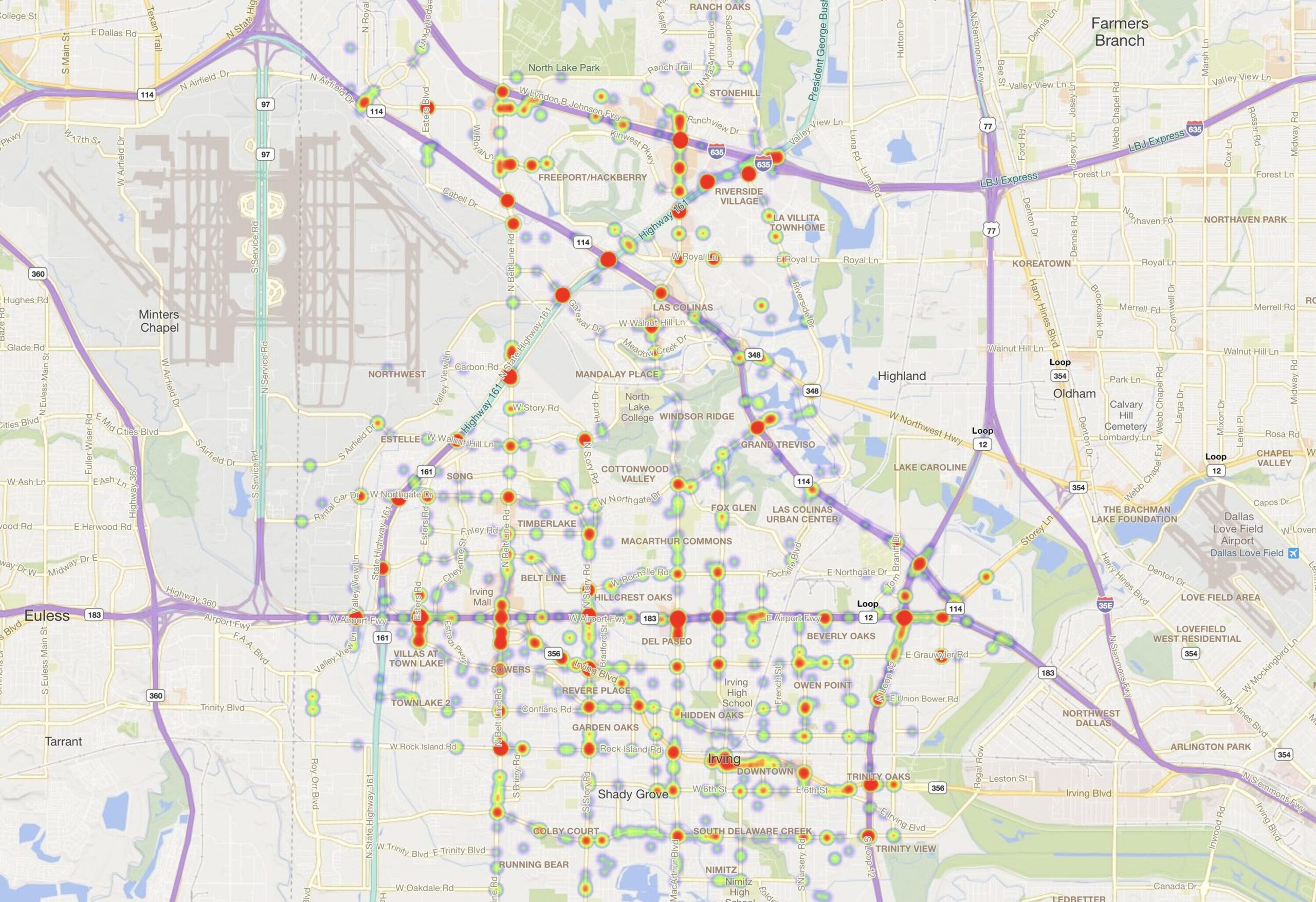 Heat Map of 2023 Car Accidents at Intersections in Irving, Texas
