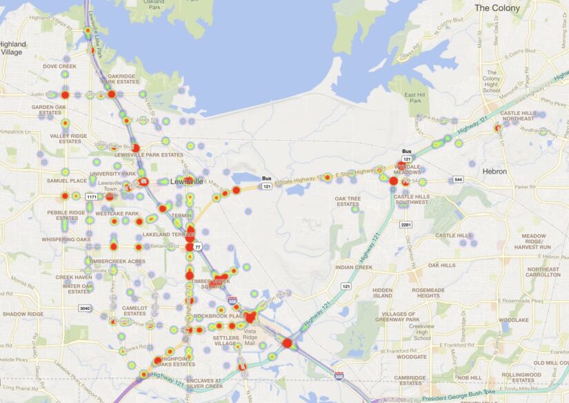 Heat Map of 2023 Car Accidents at Intersections in Lewisville, Texas