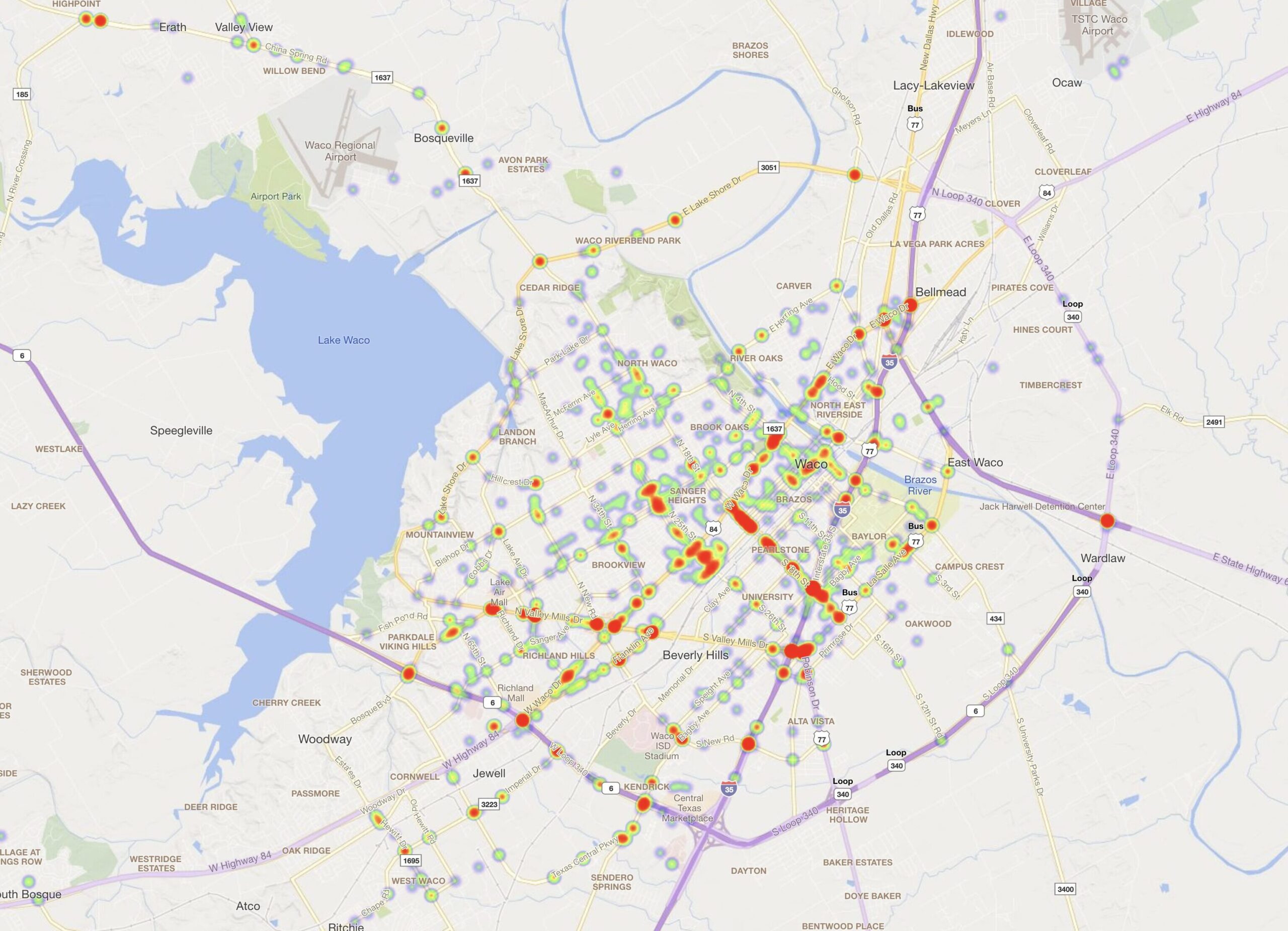 Heat Map of 2023 Car Accidents at Intersections in Waco, TX (TXDOT)