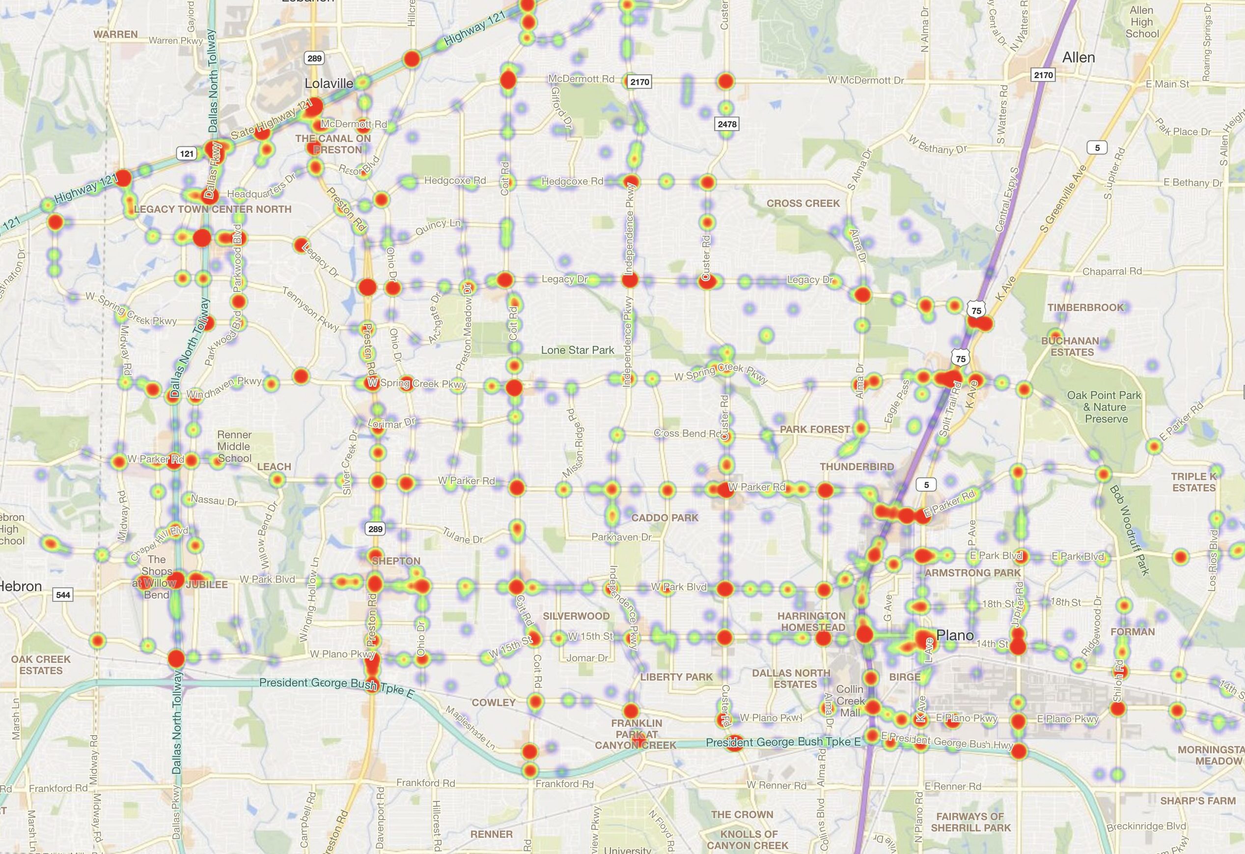 Heat Map of 2023 Car Accidents in Plano, Texas (TXDOT)