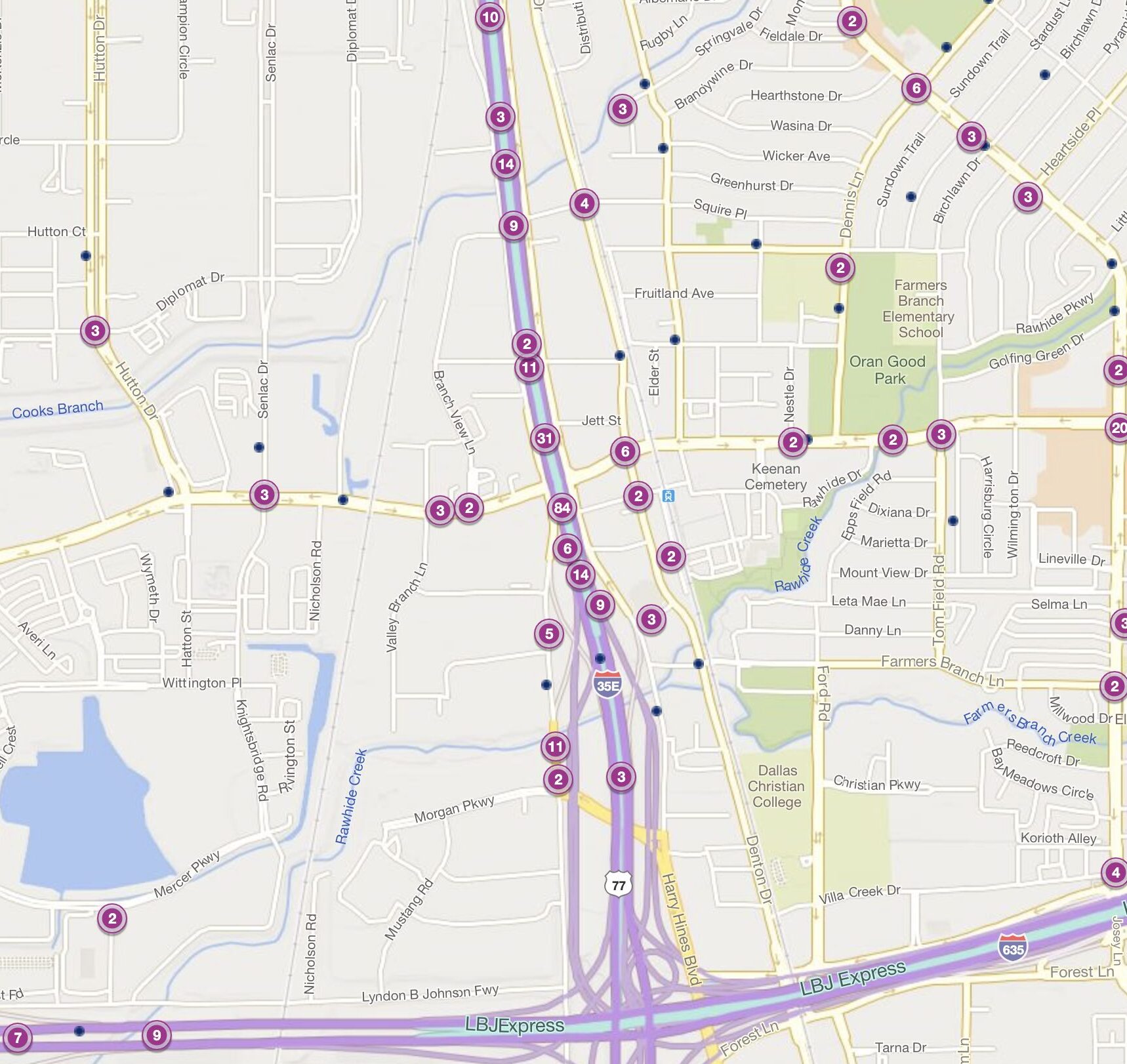 Cluster Map of 2023 Car Accidents at Valley View Lane and I-35E (TXDOT)