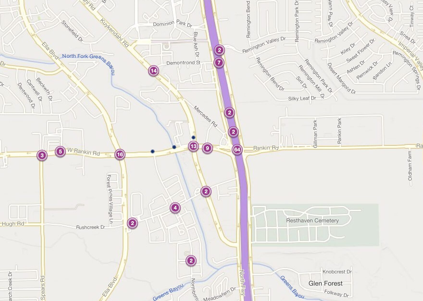 Cluster Map of 2023 Car Accidents at I-45 & Rankin Road (TXDOT)