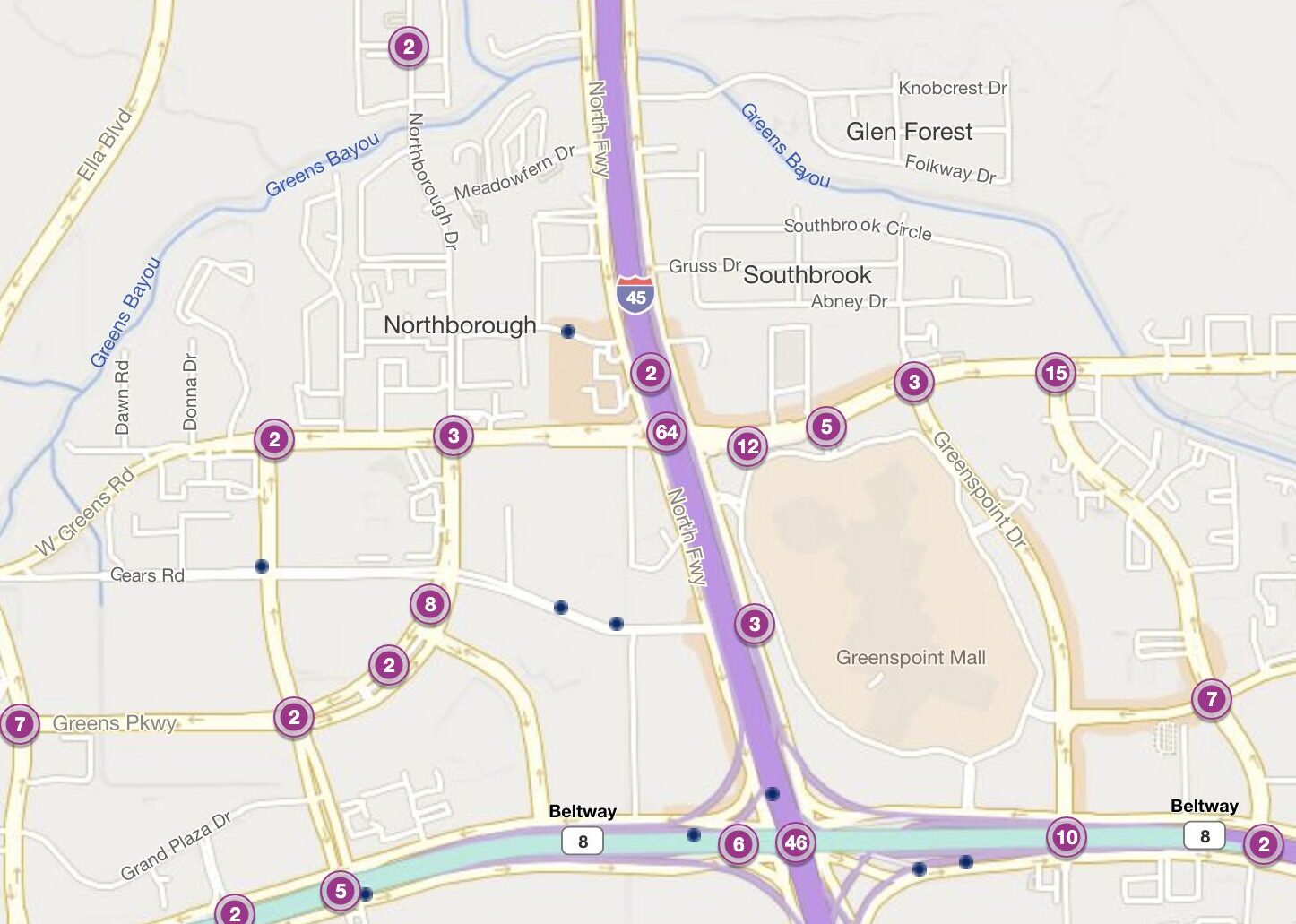Cluster Map of 2023 Car Accidents at I-45 & Greens Road
