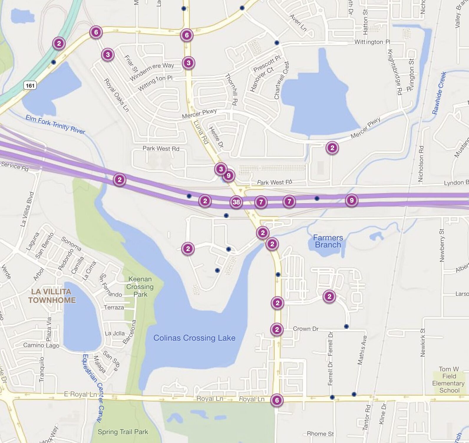 Cluster Map of 2023 Car Accidents at I-635 & Luna Road (TXDOT)