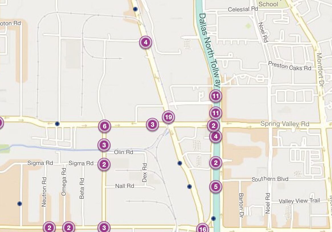 Cluster Map of 2023 Car Accidents at Spring Valley Road & Inwood Road (TXDOT)