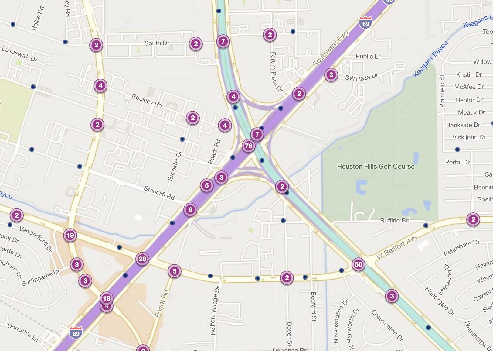 Cluster Map of 2023 Car Accidents at US 59 (IH-69) & Beltway 8
